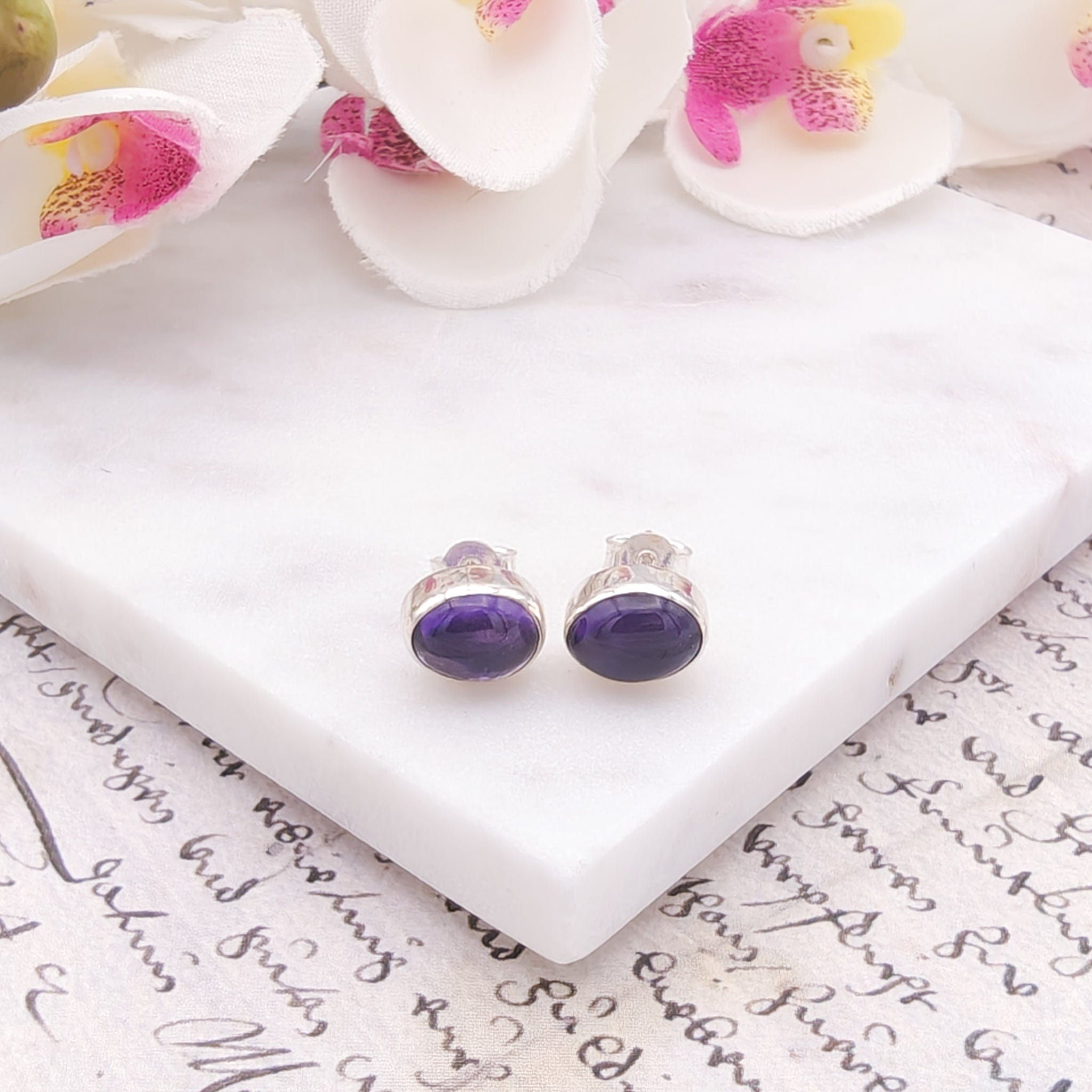 Hepburn and Hughes Amethyst Earrings | Aquarius Gift | 10mm Oval Studs | Sterling Silver