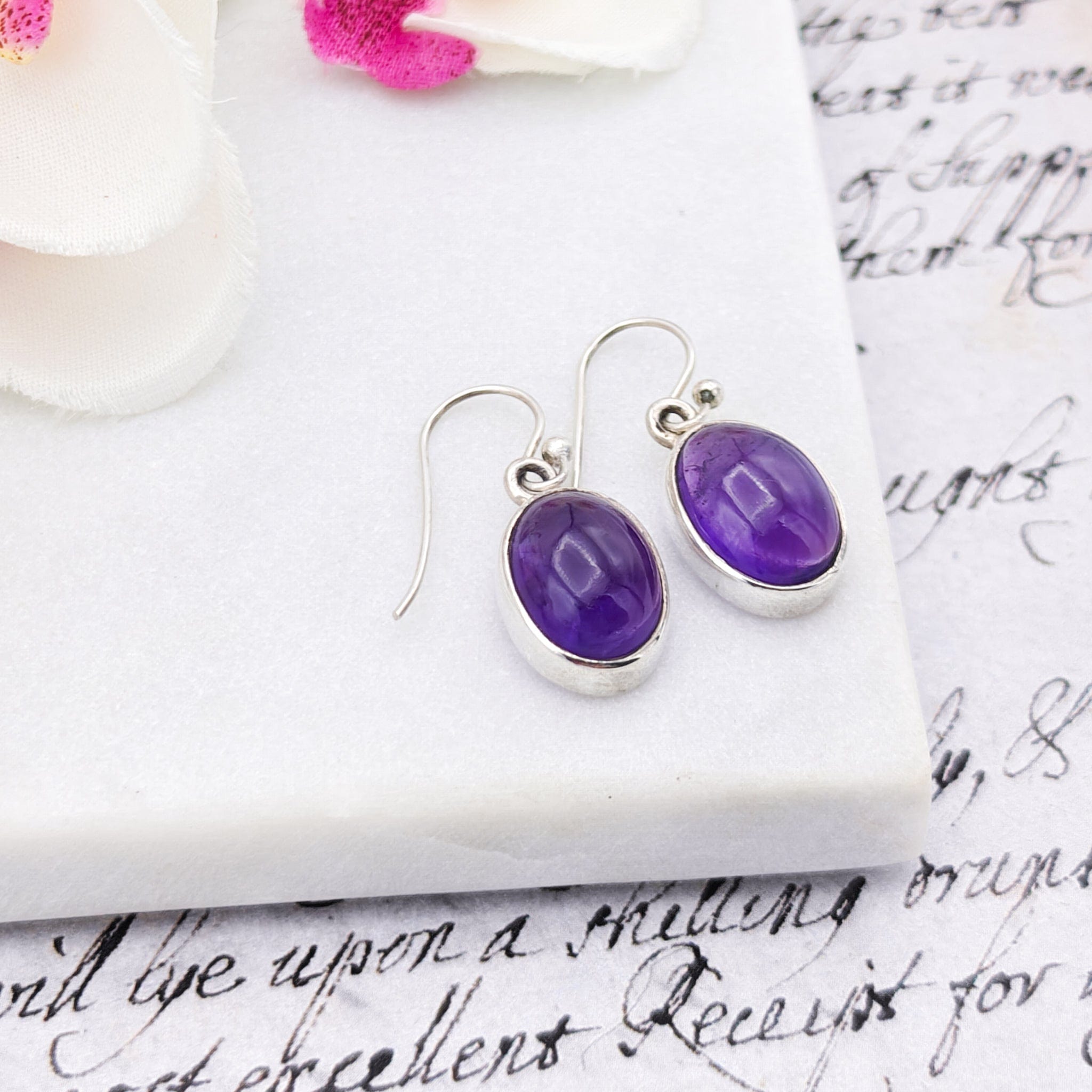 Hepburn and Hughes Amethyst Earrings | Aquarius Gift | 15mm Oval | Sterling Silver
