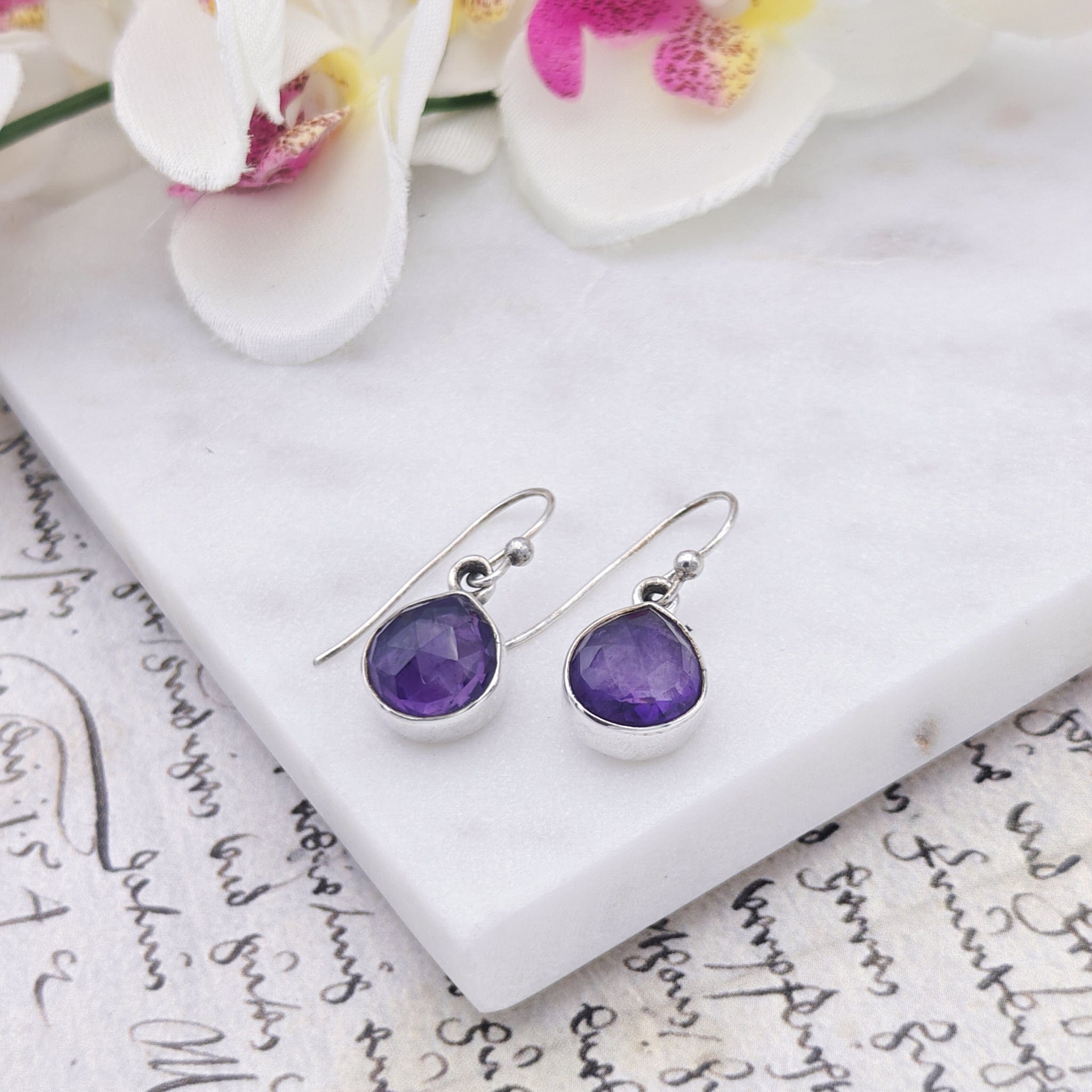 Hepburn and Hughes Amethyst Earrings | Aquarius Gift | Faceted 10mm Circle | Sterling Silver