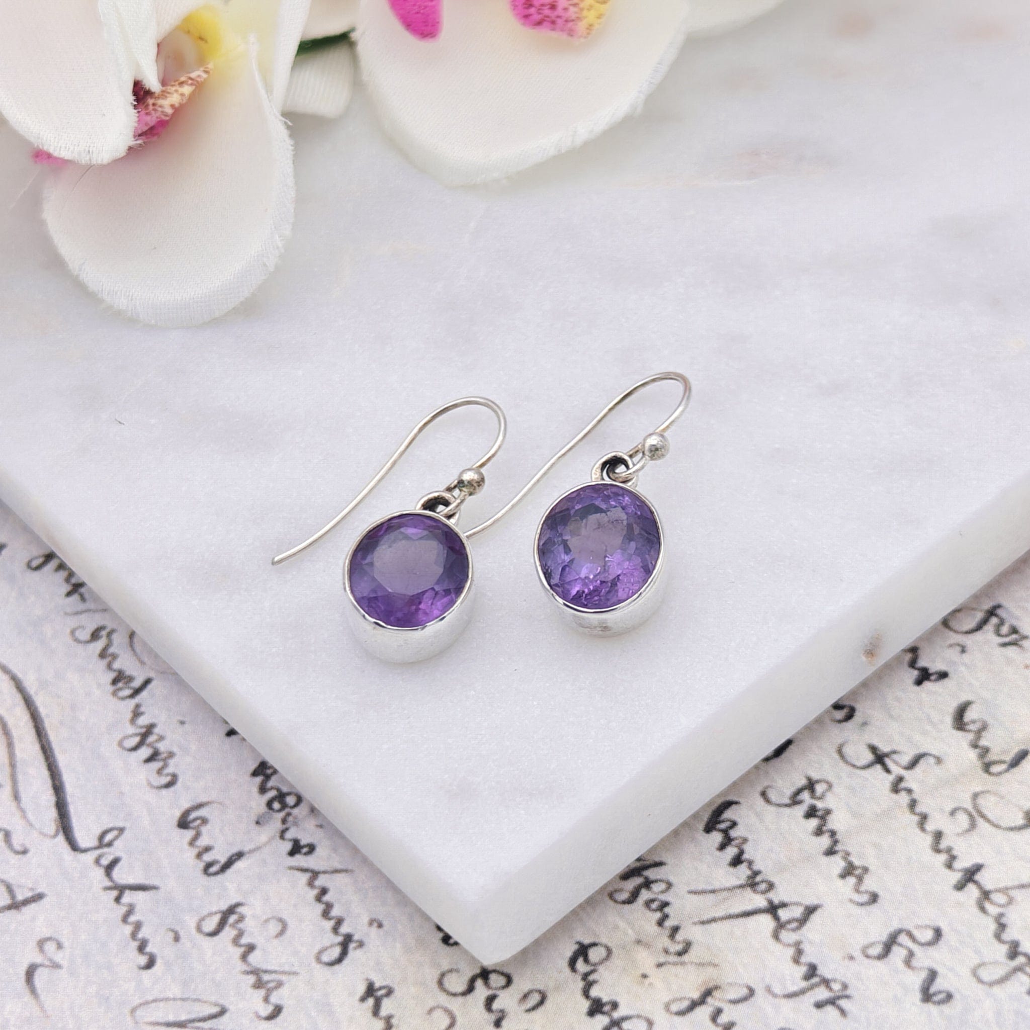 Hepburn and Hughes Amethyst Earrings | Aquarius Gift | Faceted 10mm Circle | Sterling Silver
