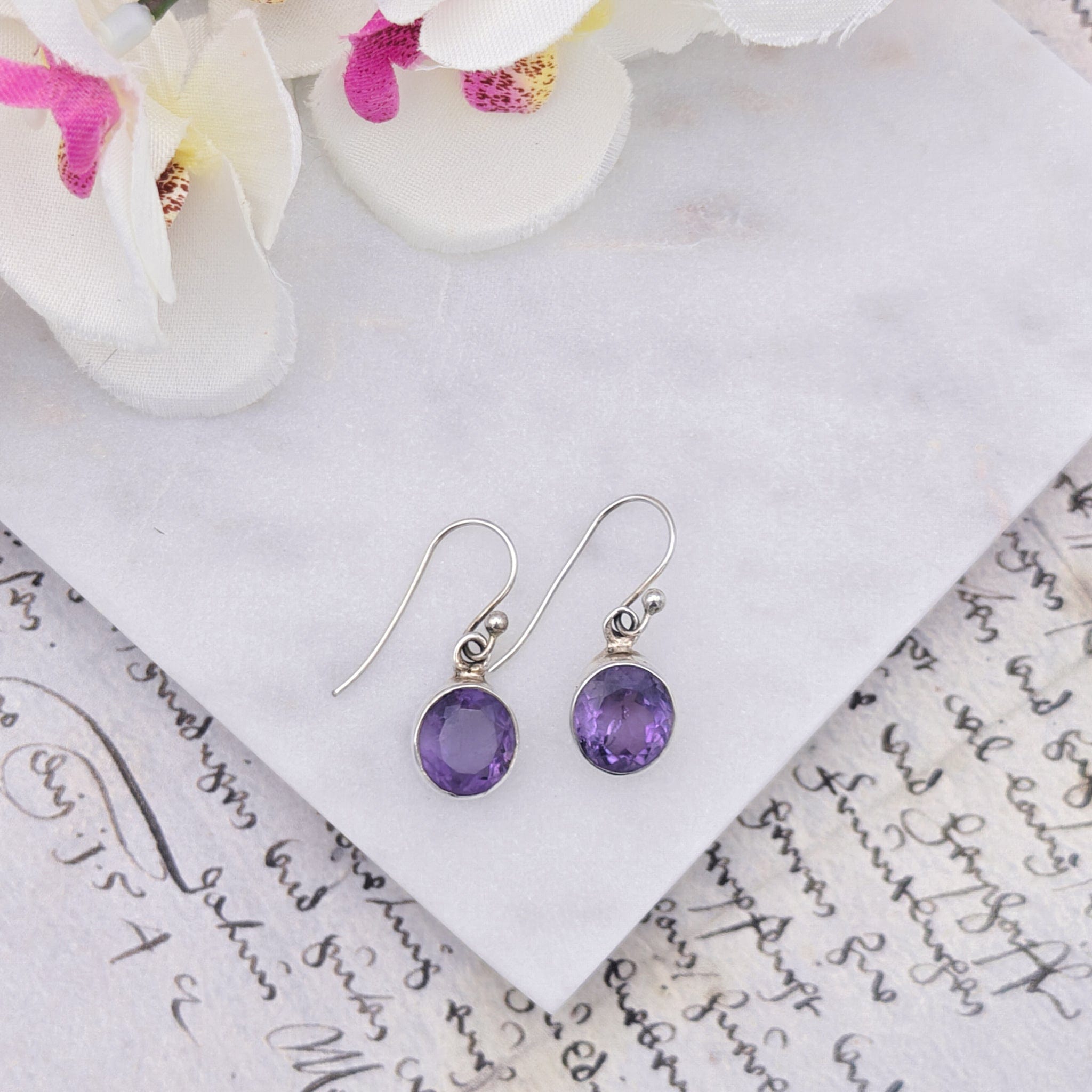 Hepburn and Hughes Amethyst Earrings | Aquarius Gift | Faceted 10mm Circle | Sterling Silver