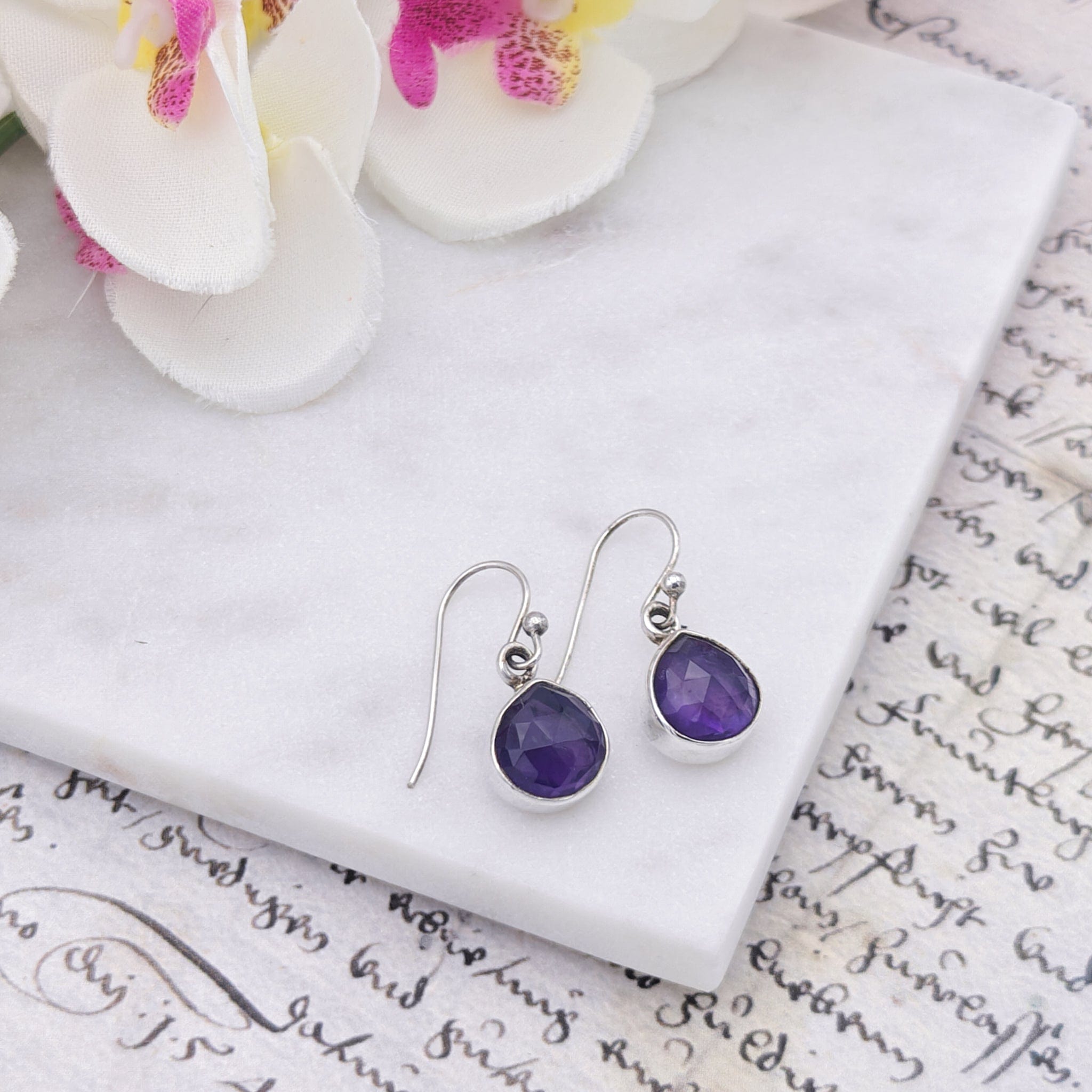 Hepburn and Hughes Amethyst Earrings | Aquarius Gift | Faceted 10mm Circle | Sterling Silver