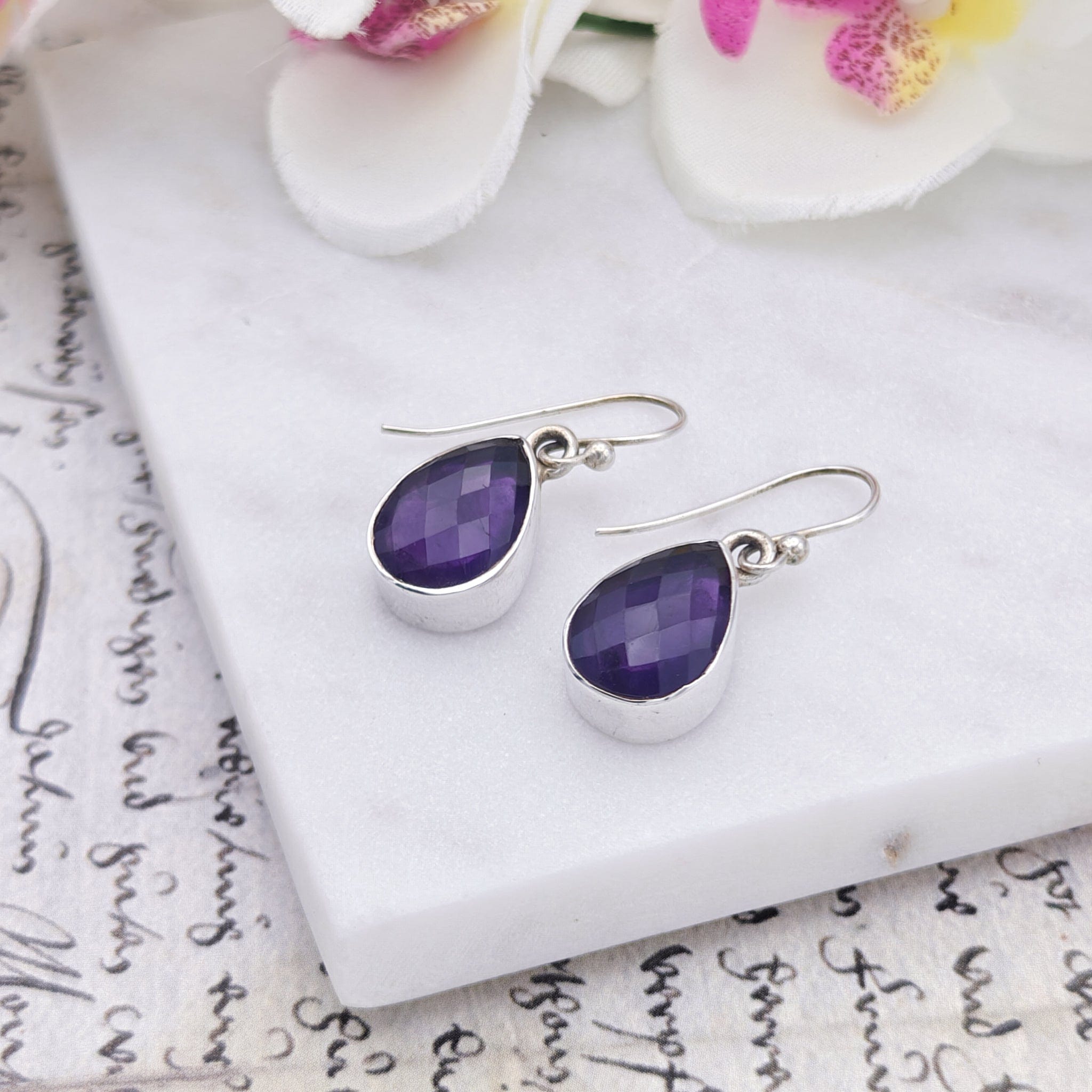 Hepburn and Hughes Amethyst Earrings | Aquarius Gift | Faceted 15mm Teardrop | Sterling Silver
