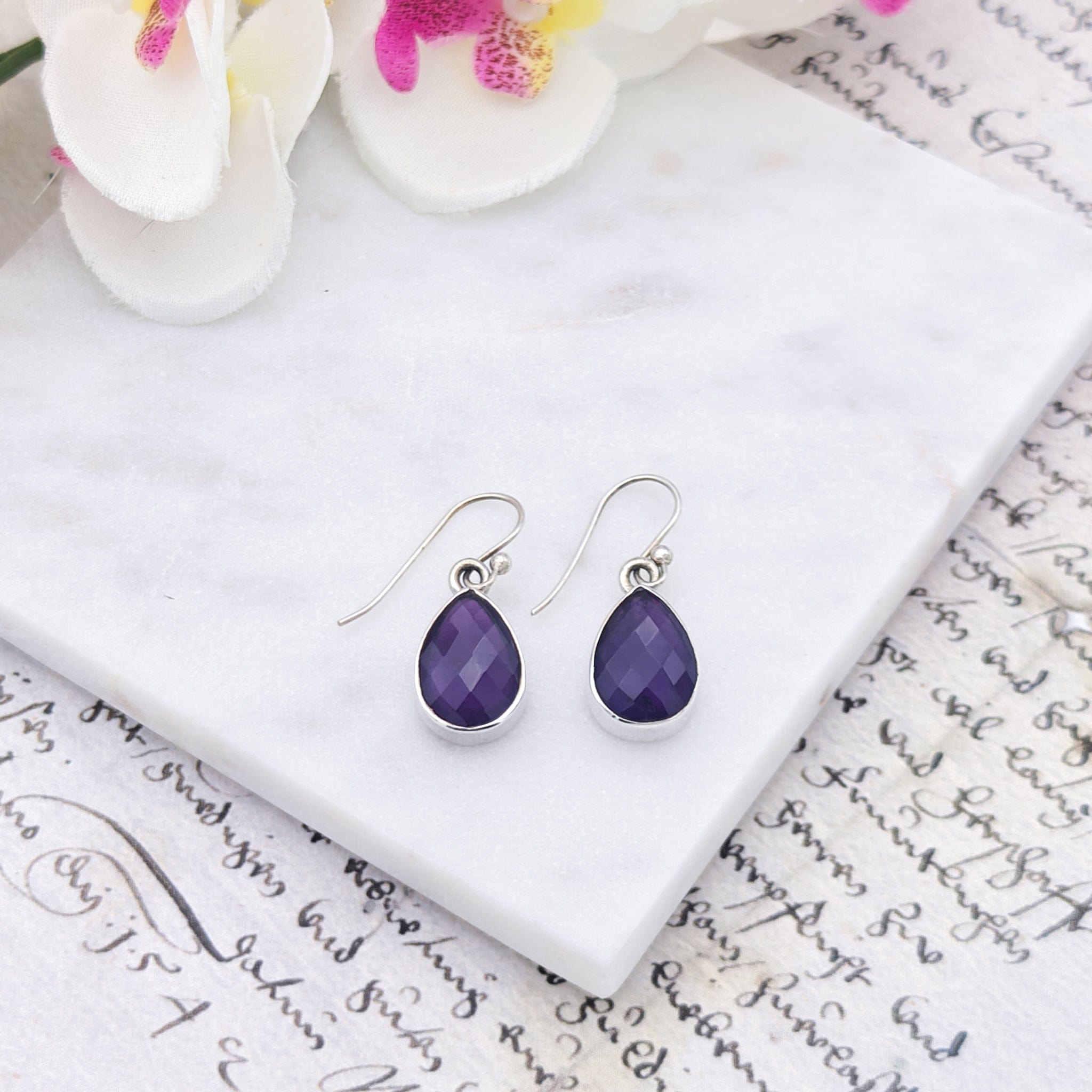Hepburn and Hughes Amethyst Earrings | Aquarius Gift | Faceted 15mm Teardrop | Sterling Silver