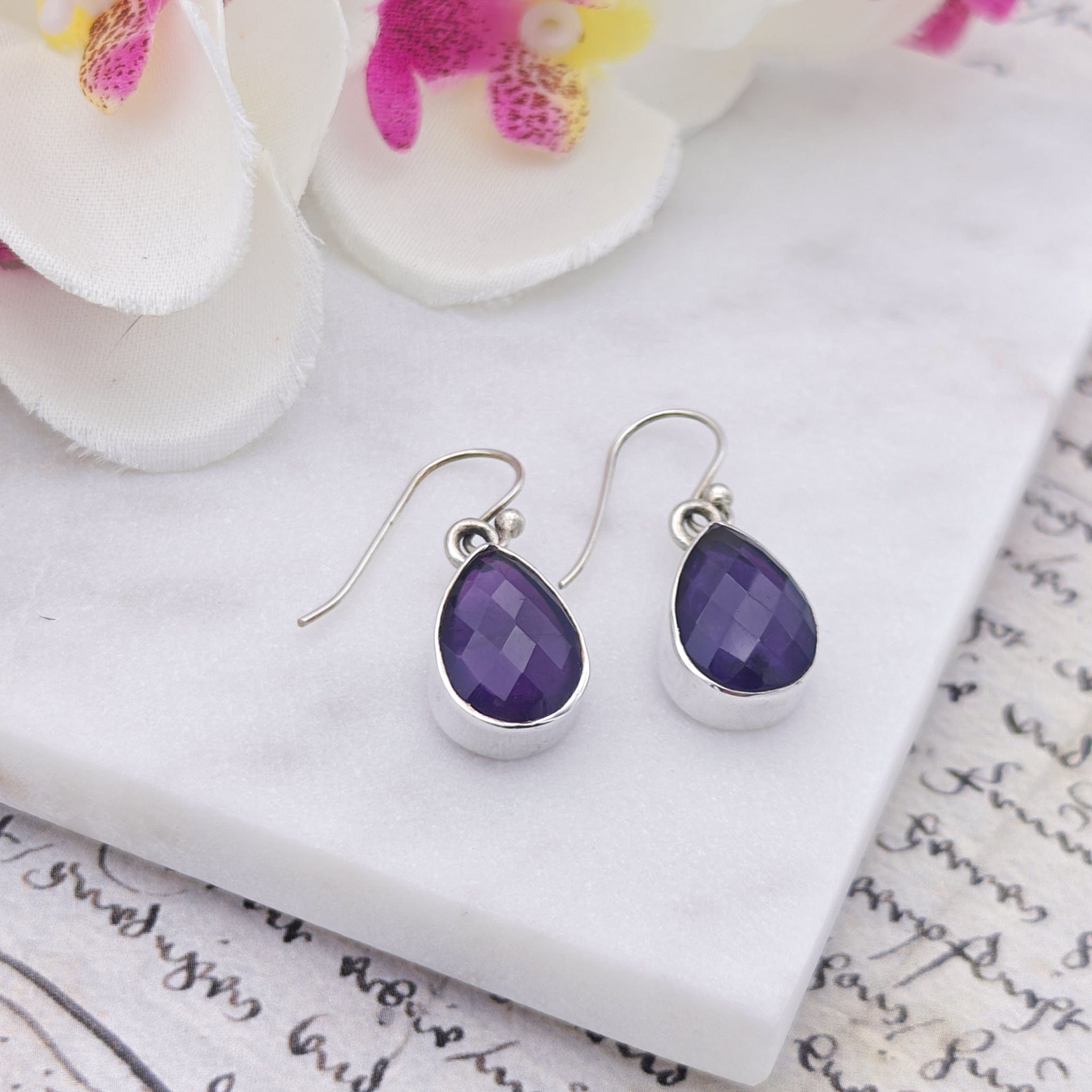 Hepburn and Hughes Amethyst Earrings | Aquarius Gift | Faceted 15mm Teardrop | Sterling Silver
