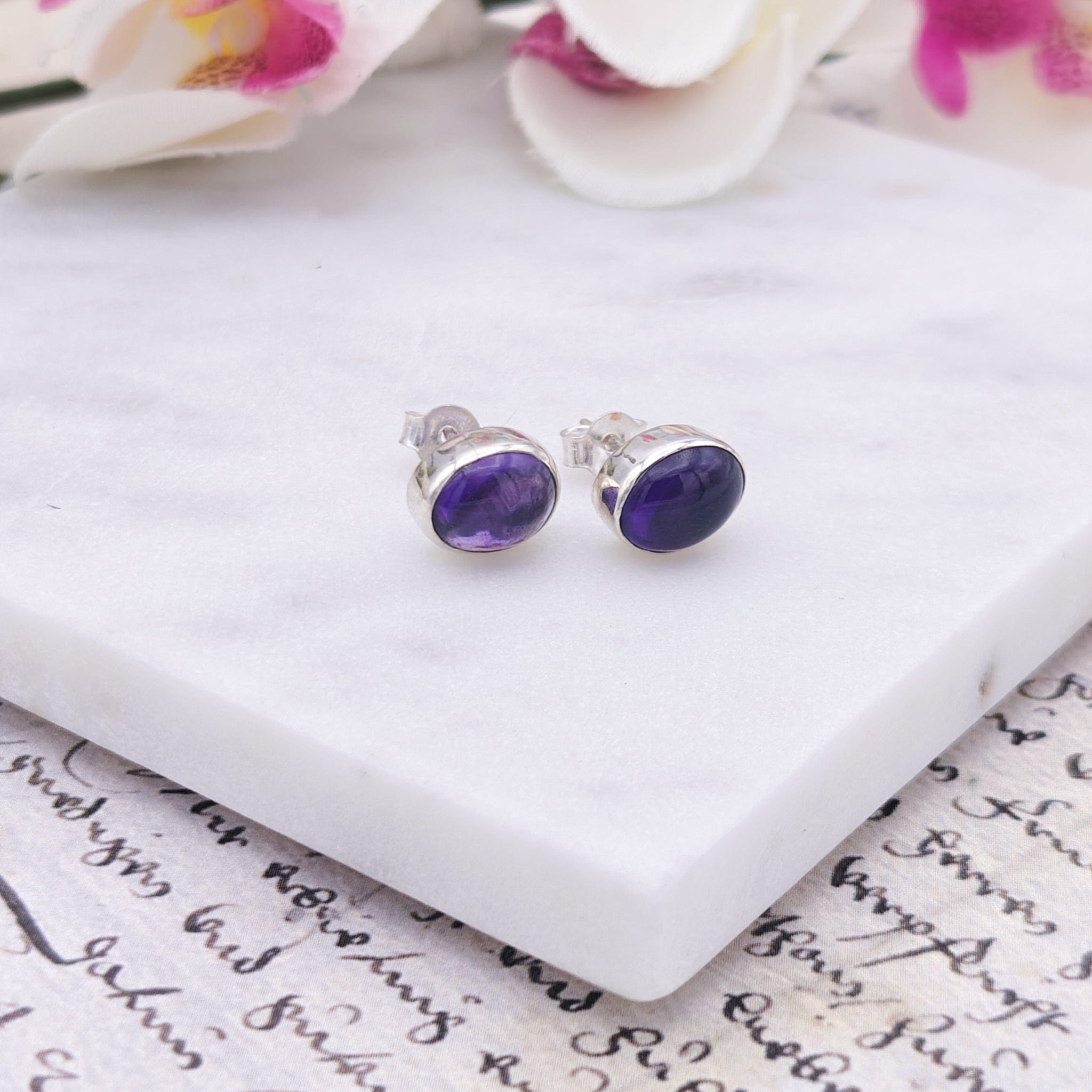 Hepburn and Hughes Amethyst Earrings | February Gift | 10mm oval | Sterling Silver