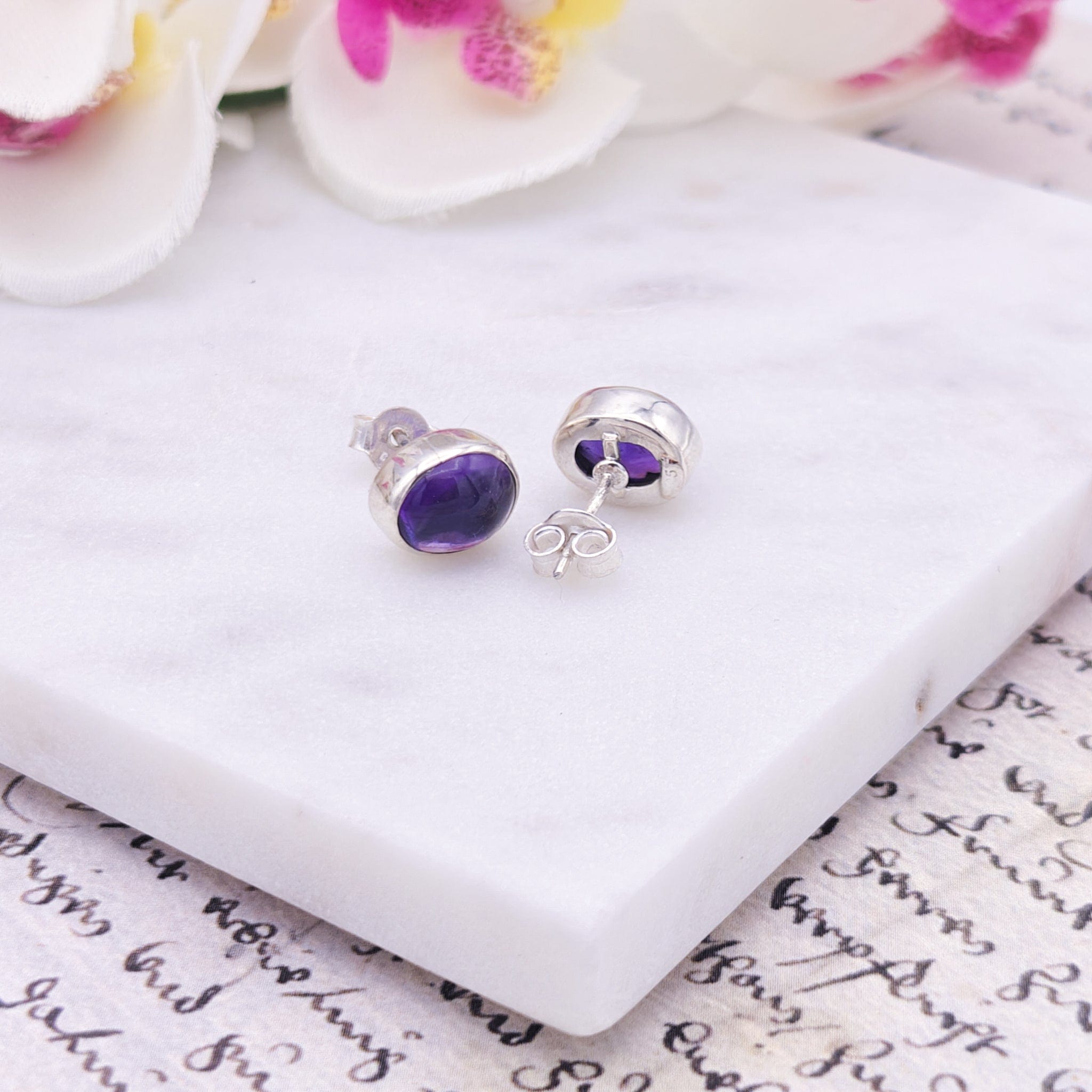 Hepburn and Hughes Amethyst Earrings | February Gift | 10mm oval | Sterling Silver