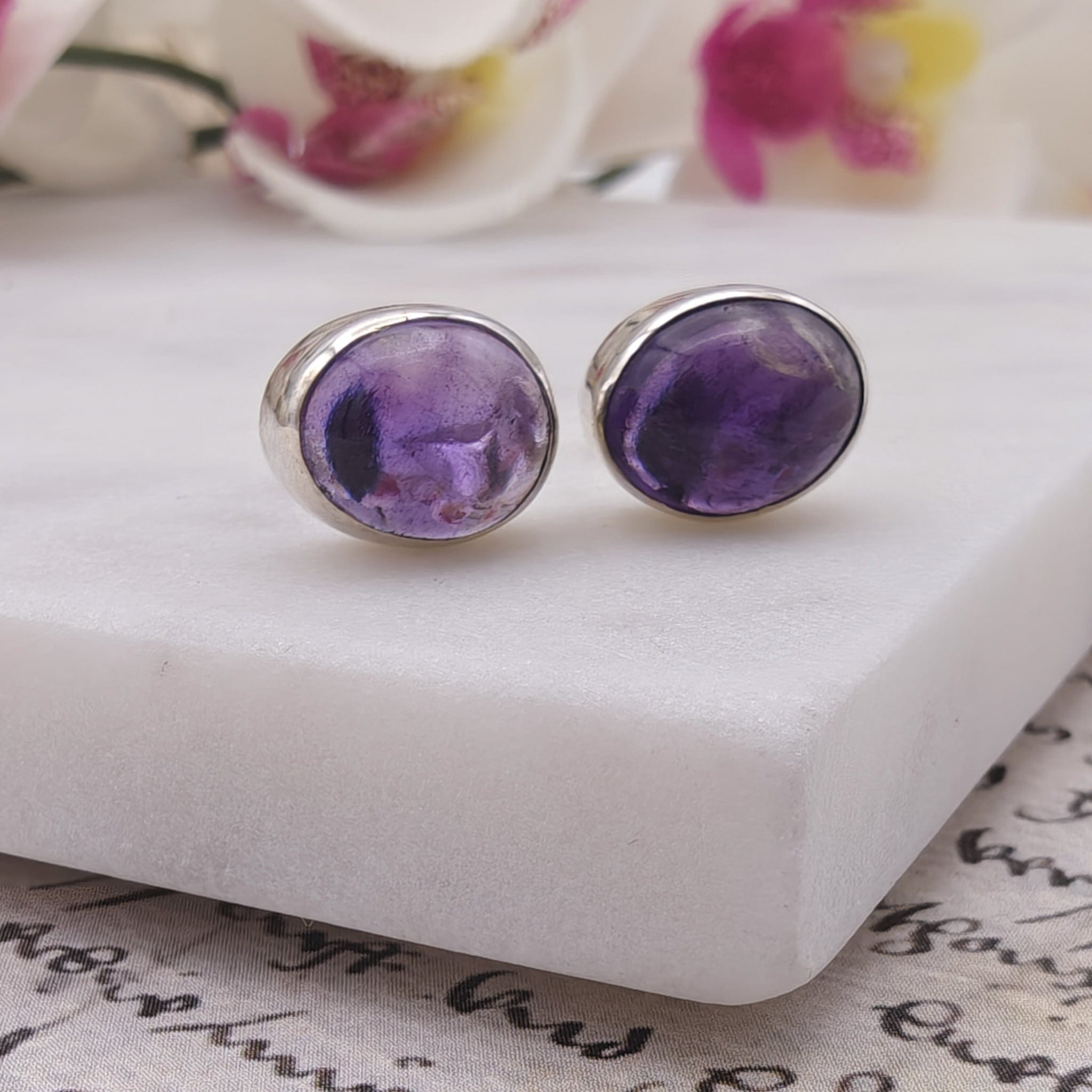 Hepburn and Hughes Amethyst Earrings | February Gift | 10mm oval | Sterling Silver