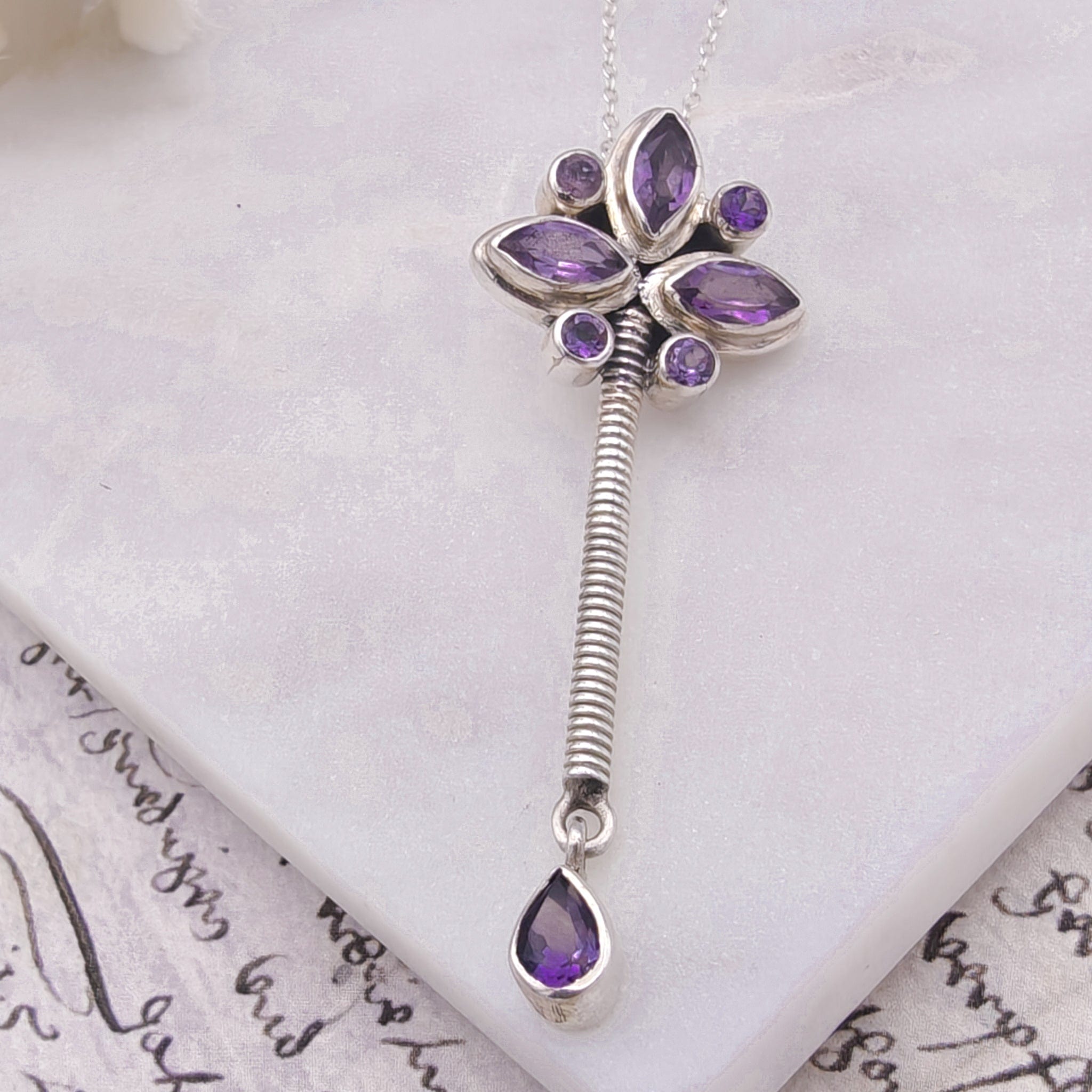Hepburn and Hughes Amethyst Pendant | 55mm long | February Birthstone | Sterling Silver