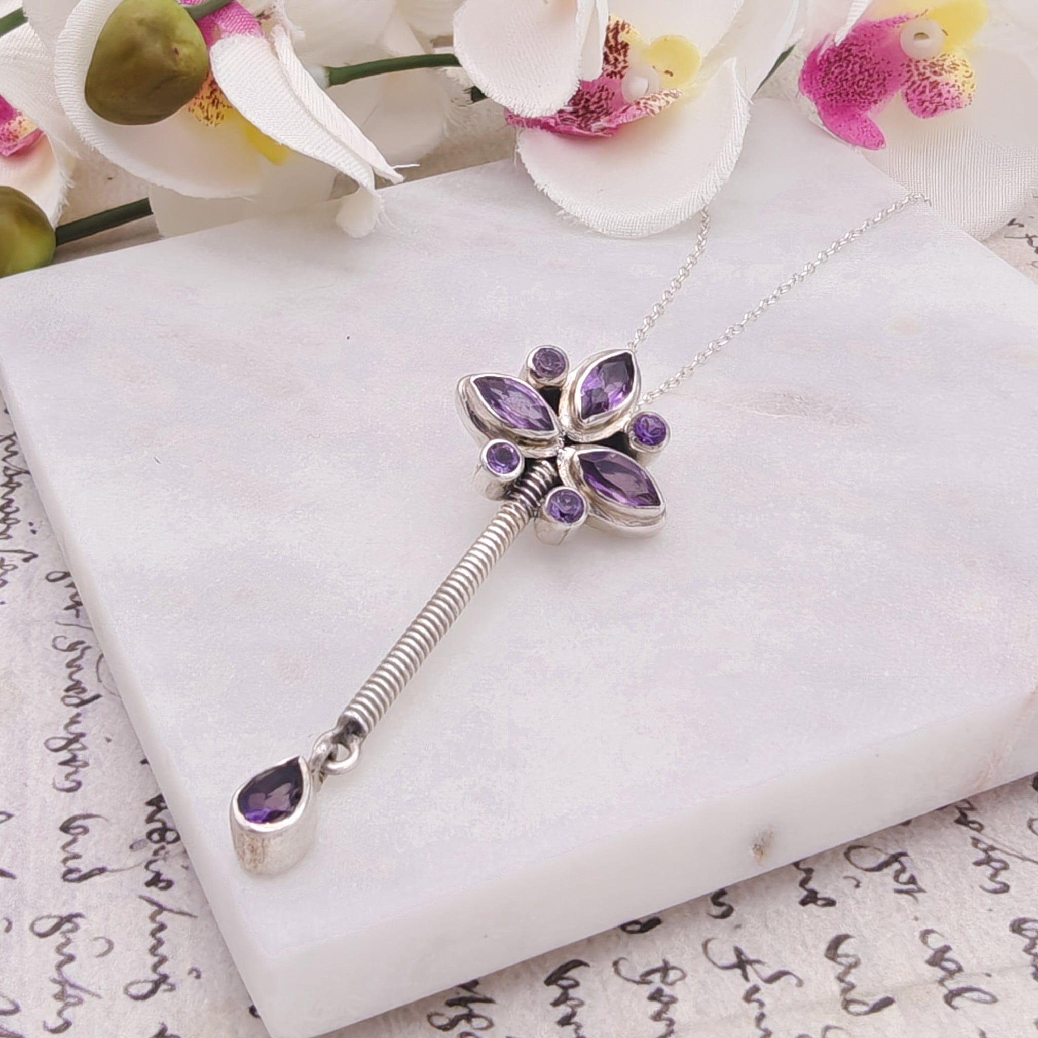 Hepburn and Hughes Amethyst Pendant | 55mm long | February Birthstone | Sterling Silver