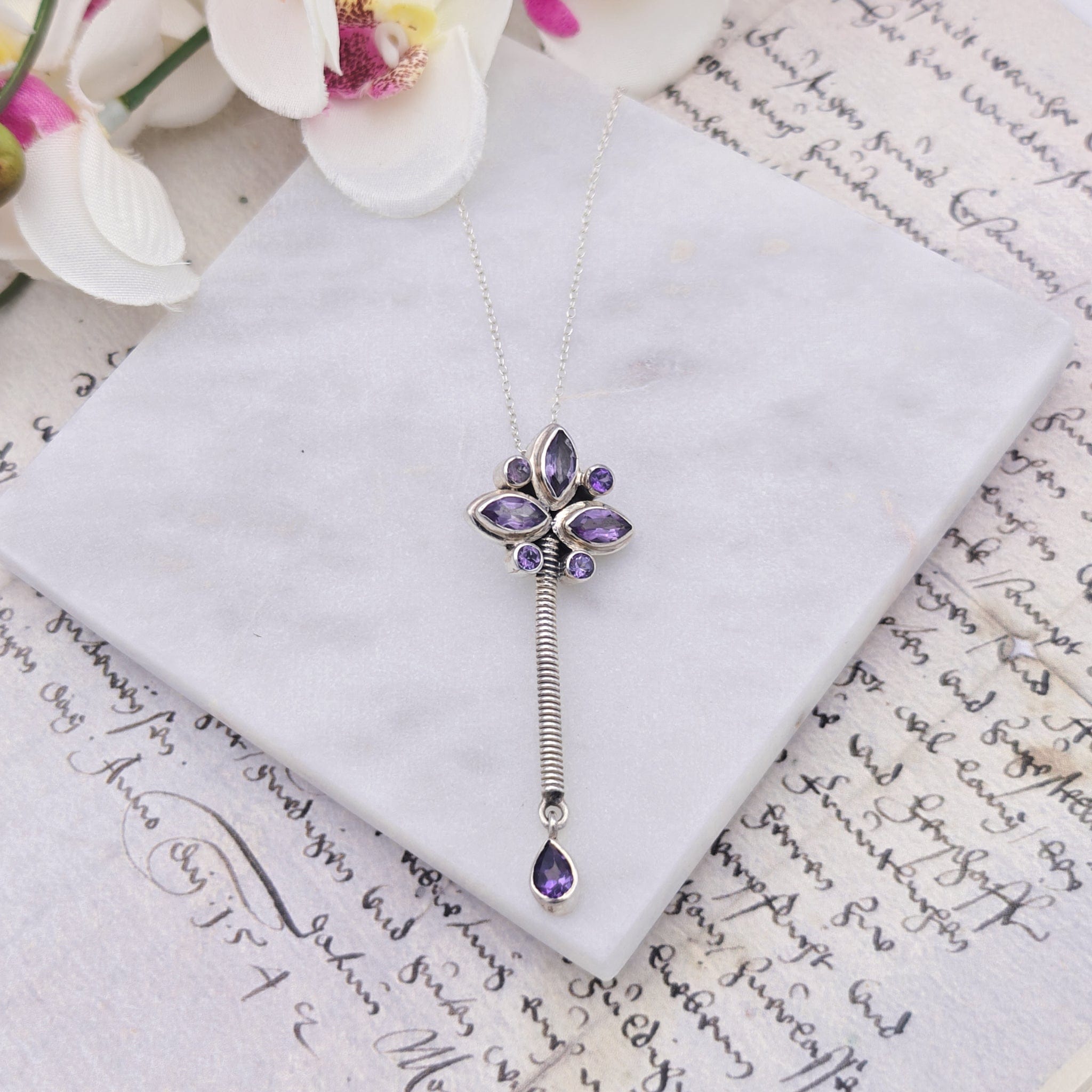 Hepburn and Hughes Amethyst Pendant | 55mm long | February Birthstone | Sterling Silver