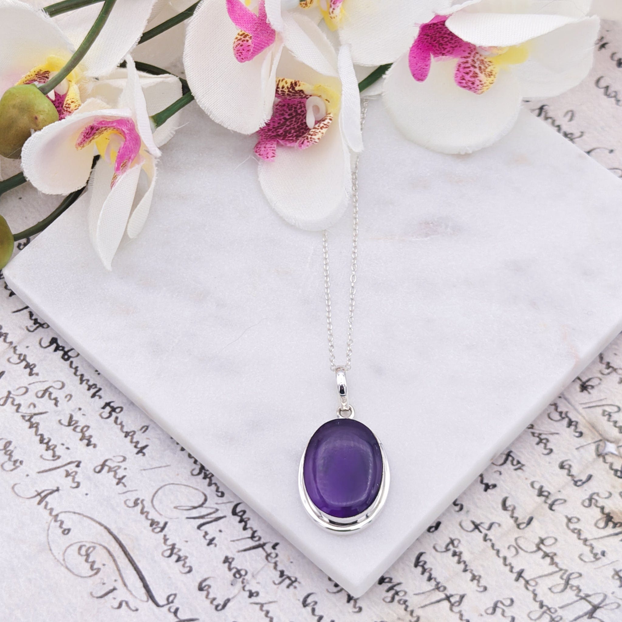 Hepburn and Hughes Amethyst Pendant | Aquarius Gift | 22mm Oval | Sterling Silver