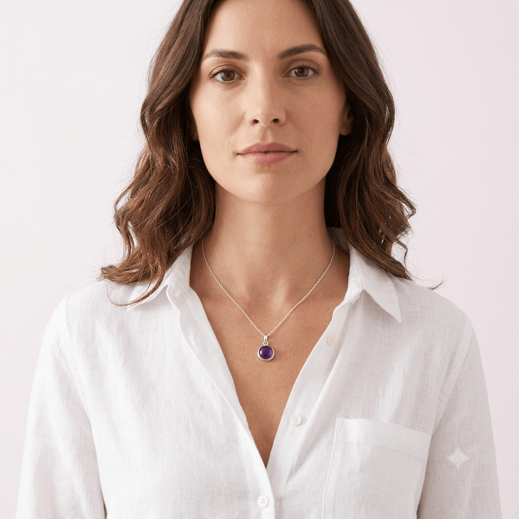 Hepburn and Hughes Amethyst Pendant | February Birthstone | 12mm Circle | Sterling Silver