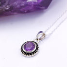 Hepburn and Hughes Amethyst Round Pendant | February Birthstone | 12mm Ornate | Sterling Silver