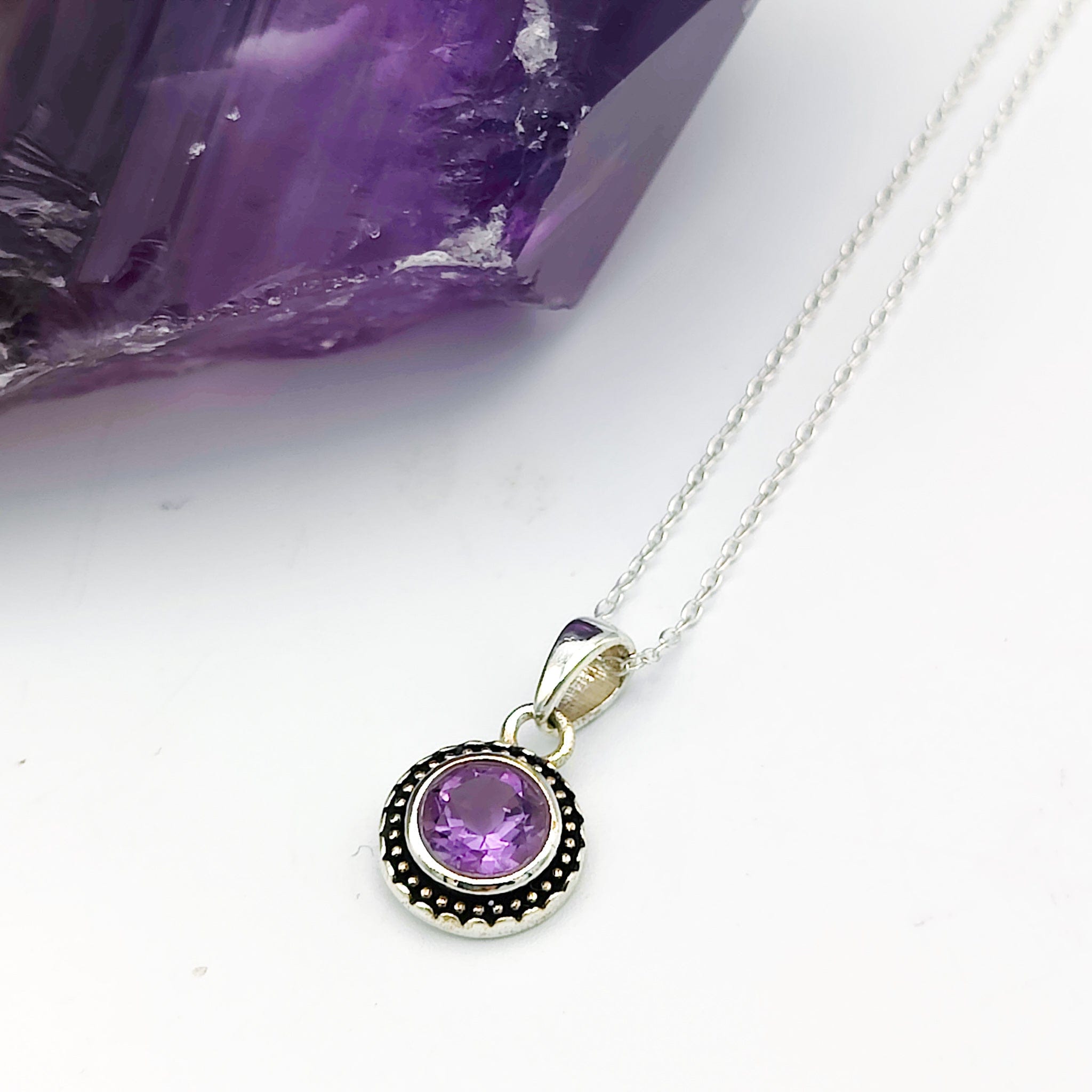 Hepburn and Hughes Amethyst Round Pendant | February Birthstone | 12mm Ornate | Sterling Silver