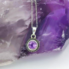 Hepburn and Hughes Amethyst Round Pendant | February Birthstone | 12mm Ornate | Sterling Silver