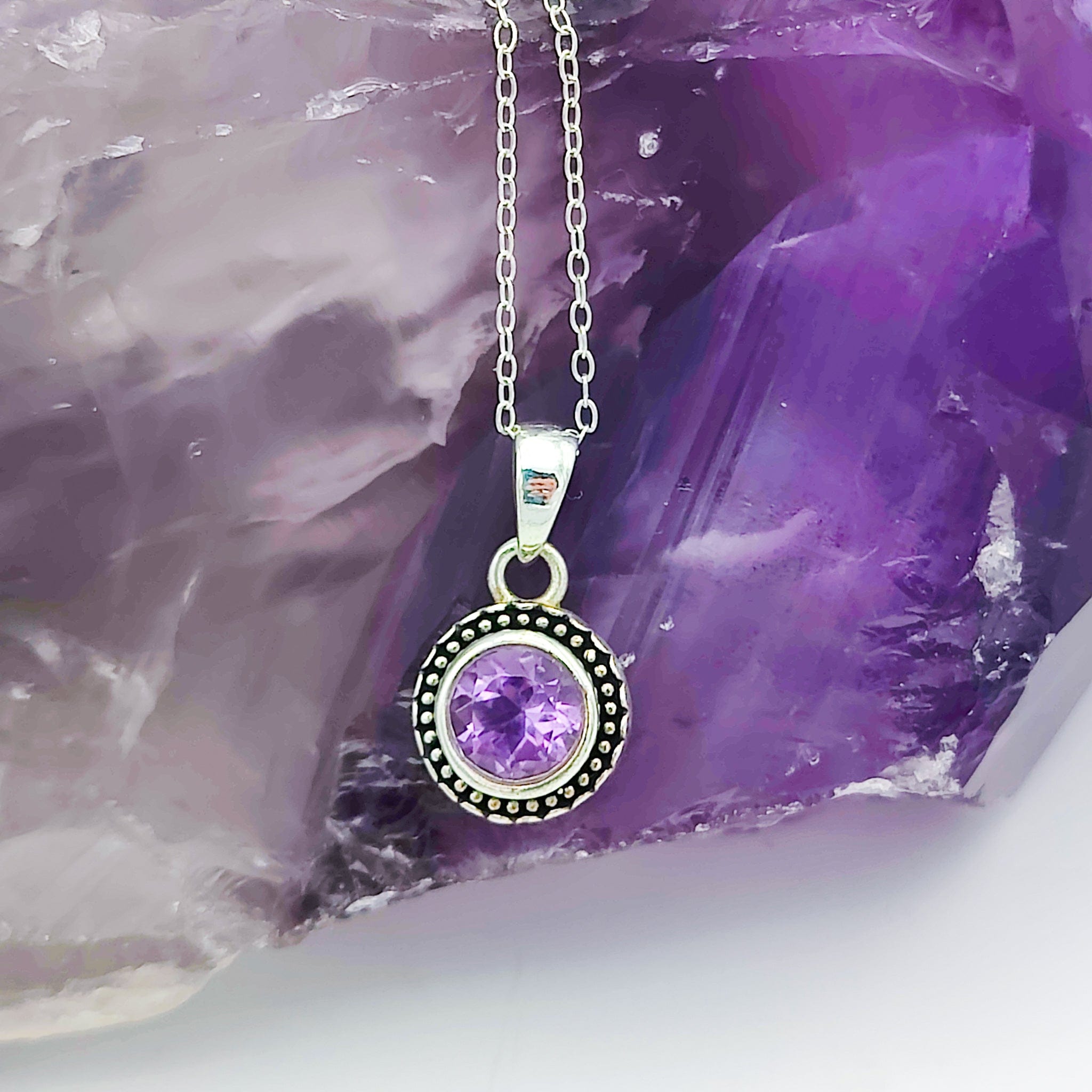 Hepburn and Hughes Amethyst Round Pendant | February Birthstone | 12mm Ornate | Sterling Silver