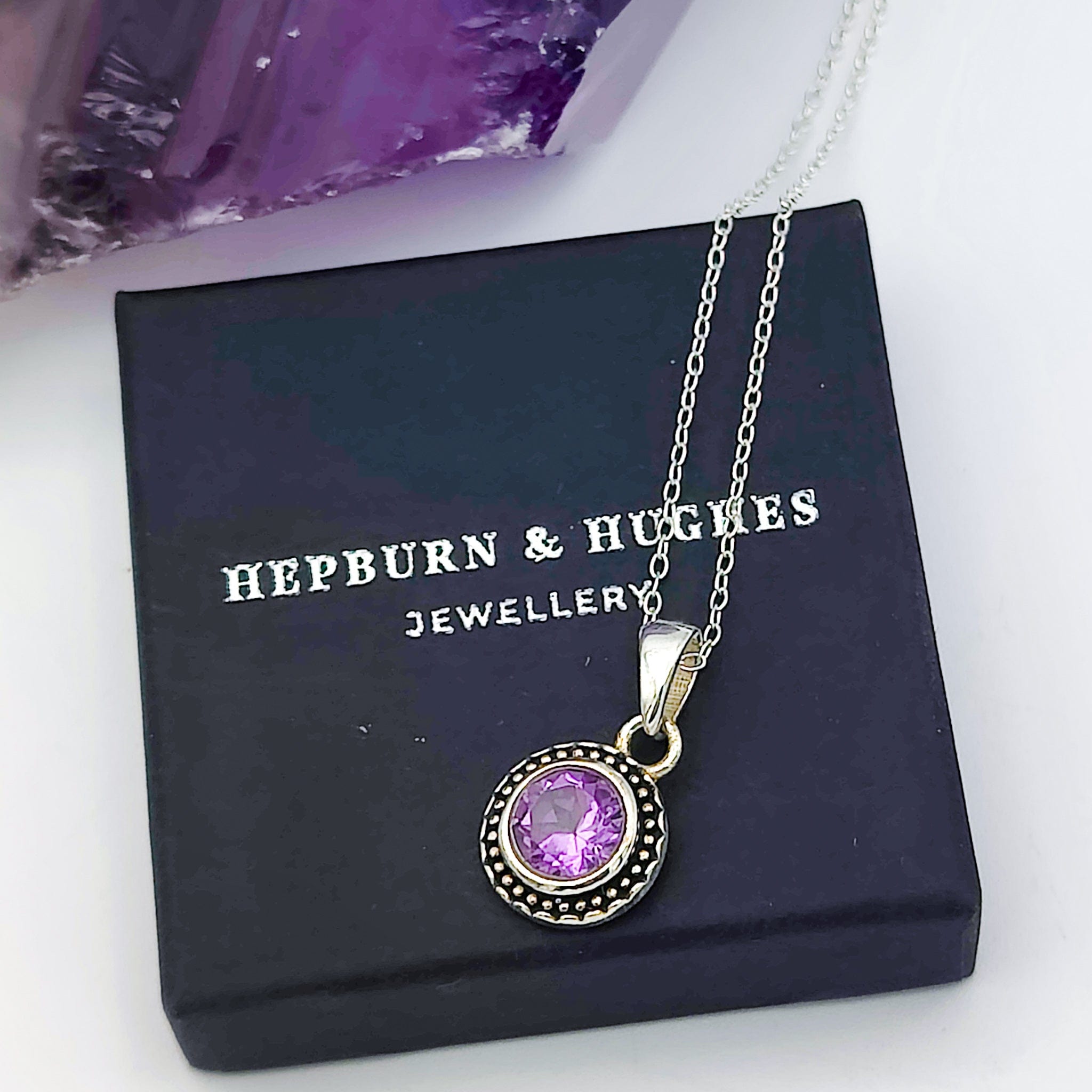 Hepburn and Hughes Amethyst Round Pendant | February Birthstone | 12mm Ornate | Sterling Silver