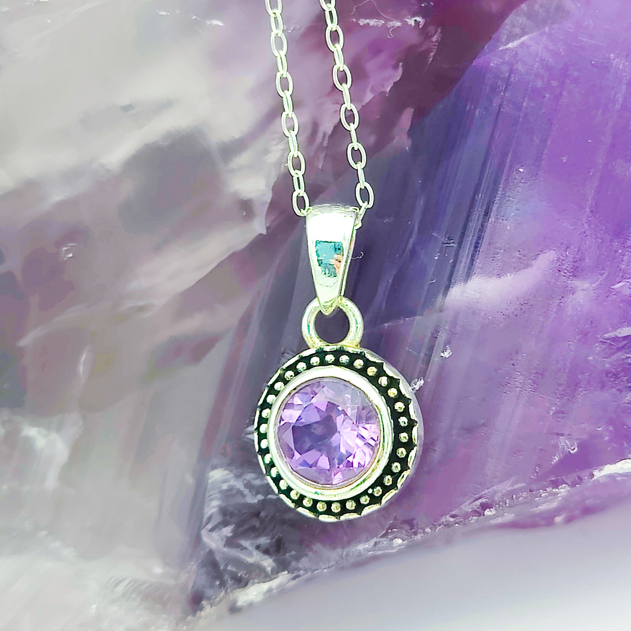 Hepburn and Hughes Amethyst Round Pendant | February Birthstone | 12mm Ornate | Sterling Silver