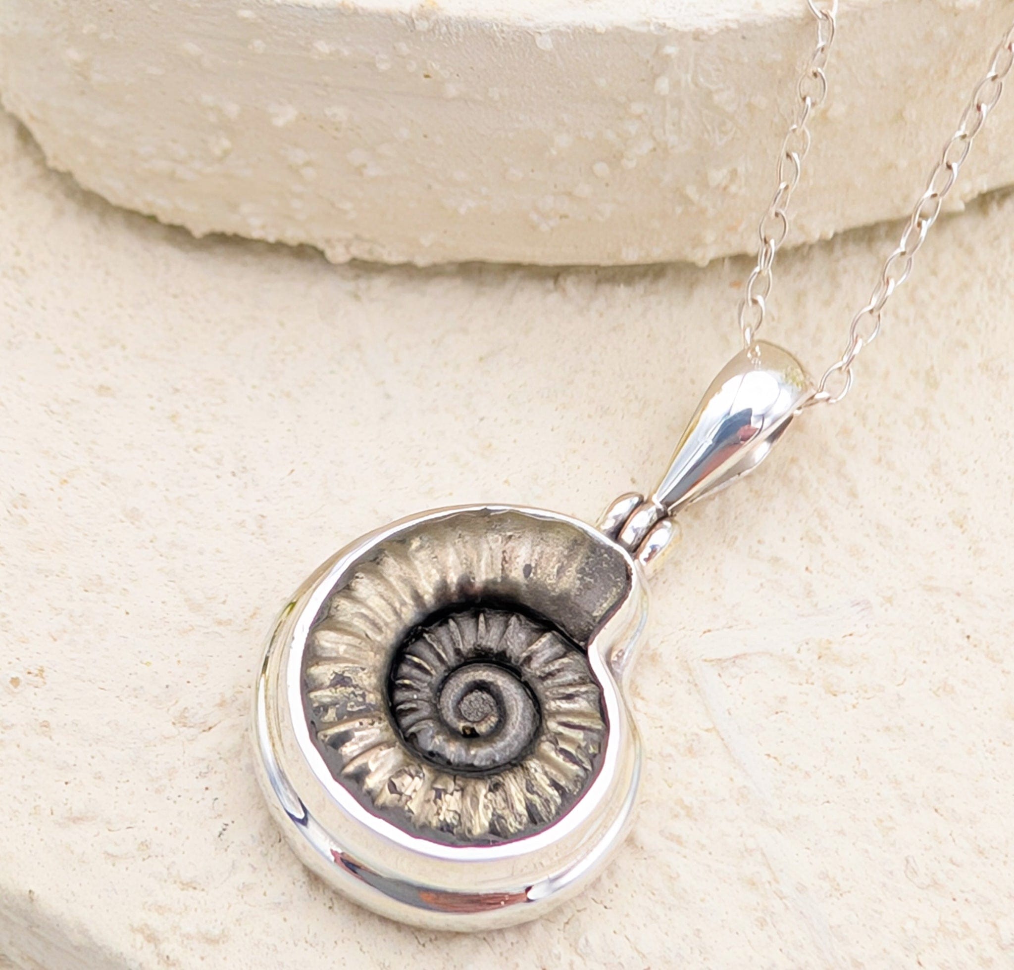Hepburn and Hughes Ammonite Fossil Pendant | 17mm Promicroceras Necklace | Geology Gift | Sterling Silver
