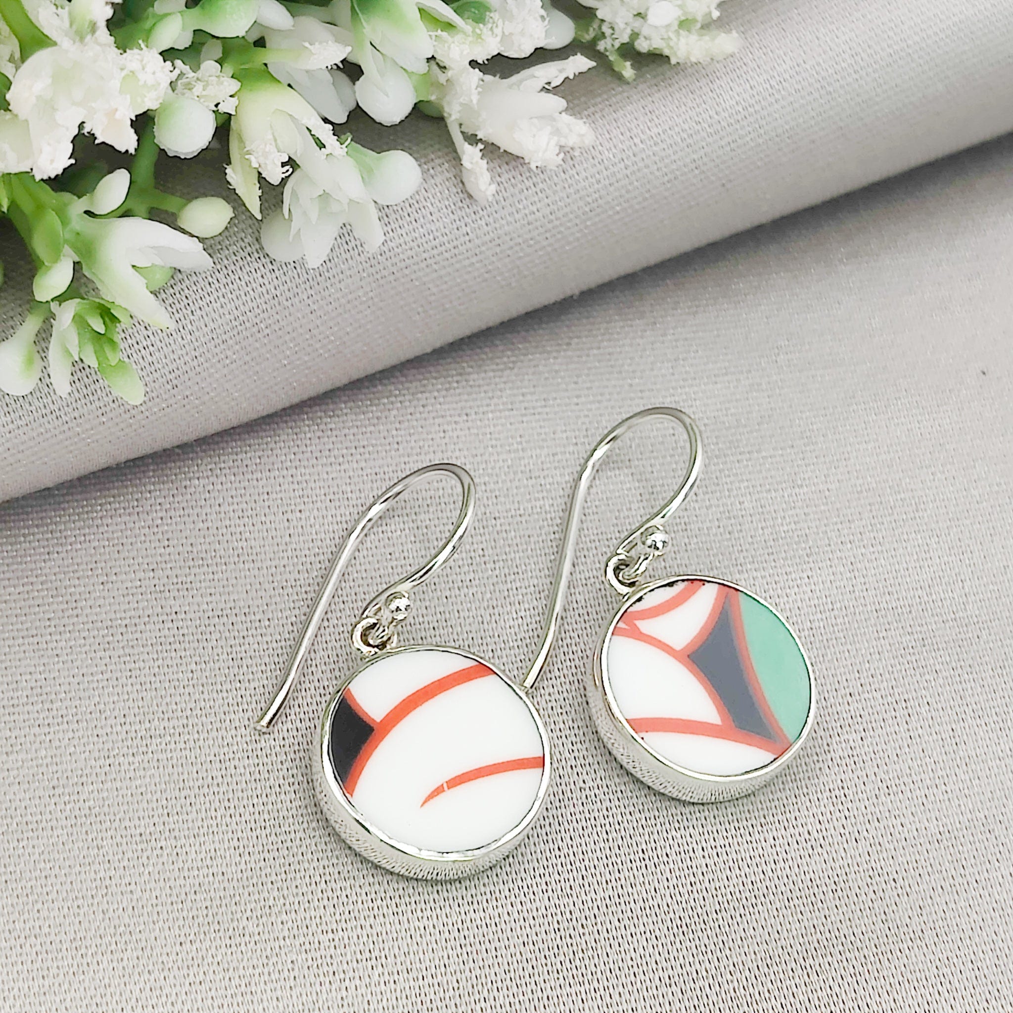 Hepburn and Hughes Art Deco Circular Earrings | Clarice Cliff Ceramics | Two Options | Sterling Silver