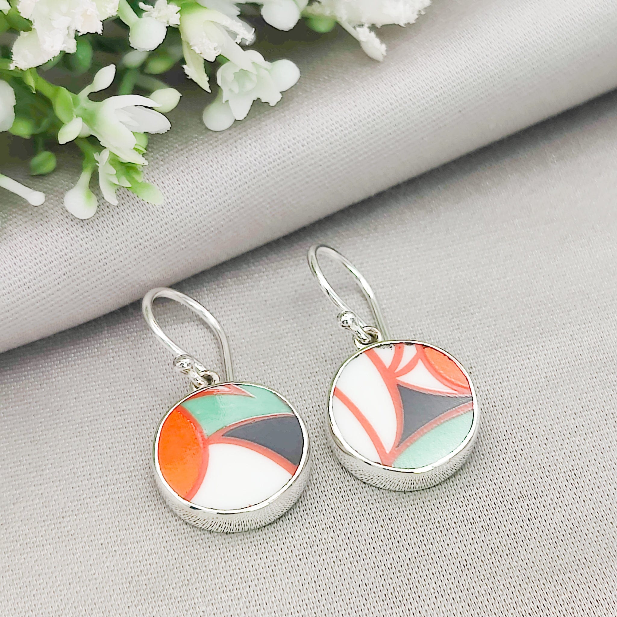 Hepburn and Hughes Art Deco Circular Earrings | Clarice Cliff Ceramics | Two Options | Sterling Silver