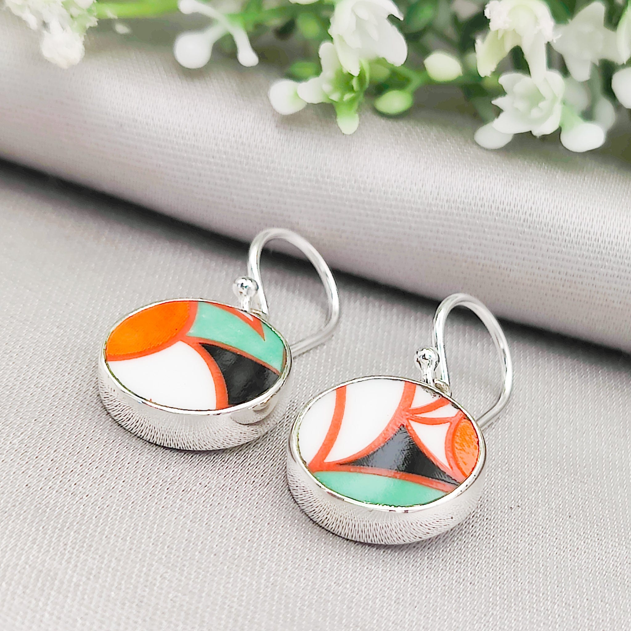 Hepburn and Hughes Art Deco Circular Earrings | Clarice Cliff Ceramics | Two Options | Sterling Silver