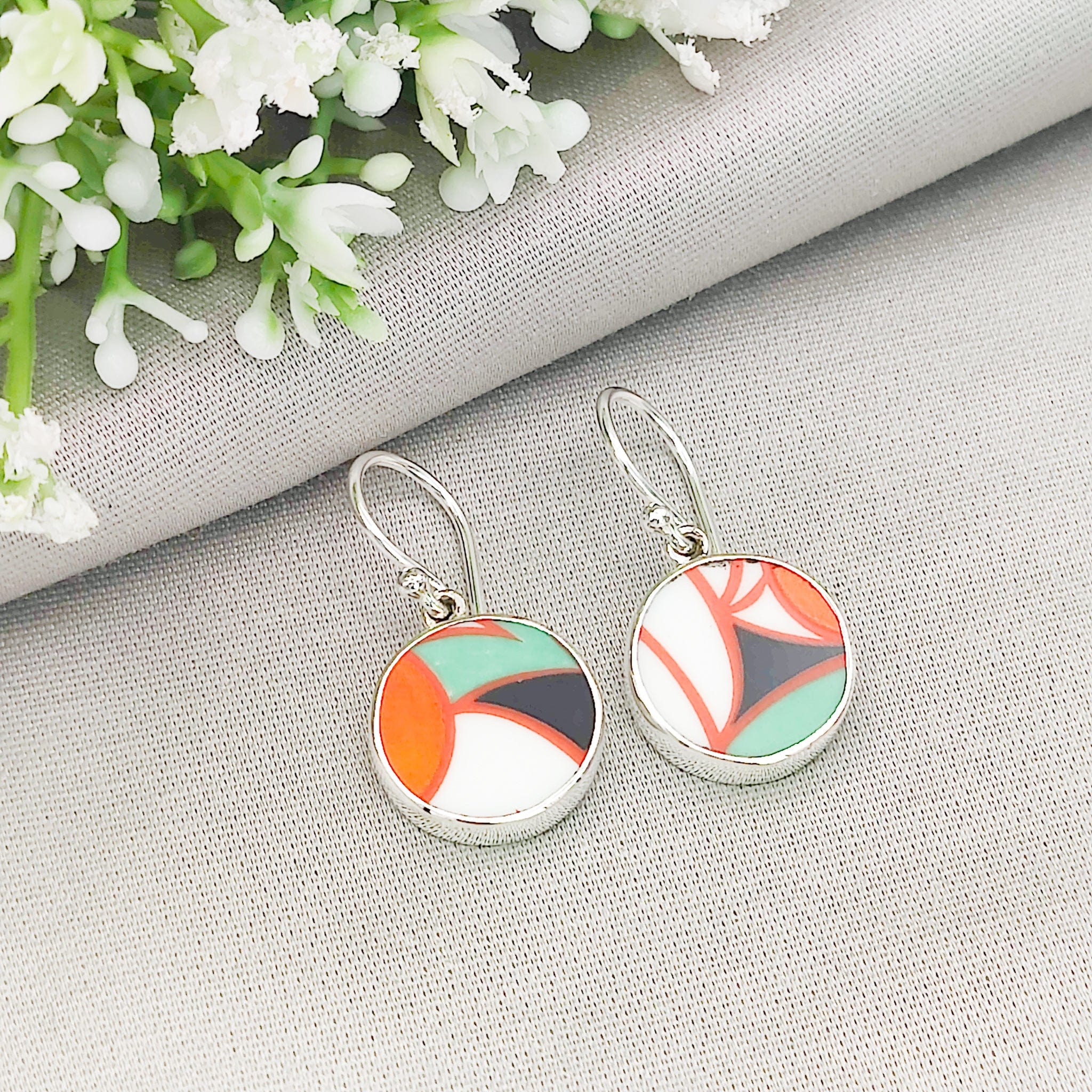 Hepburn and Hughes Art Deco Circular Earrings | Clarice Cliff Ceramics | Two Options | Sterling Silver