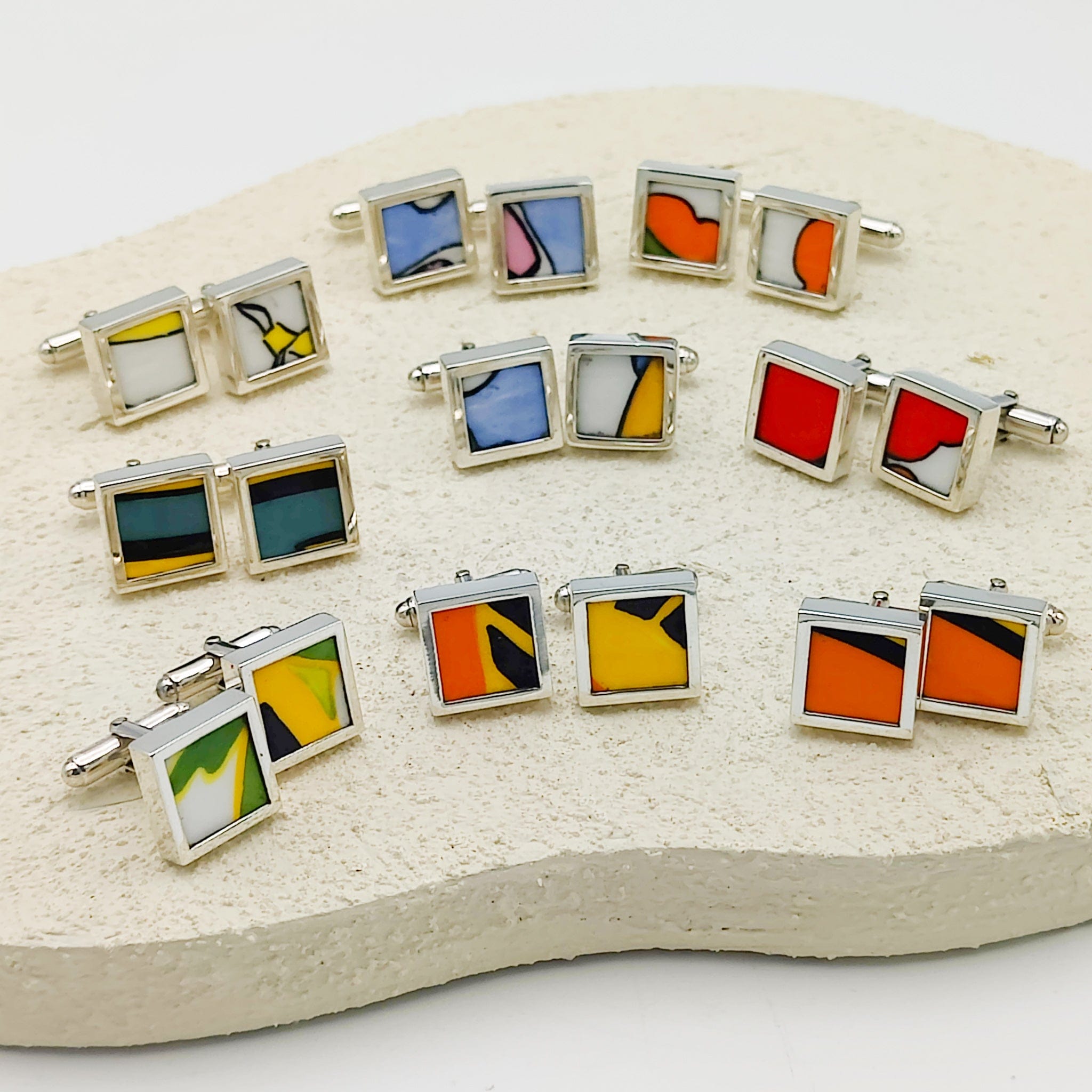 Hepburn and Hughes Art Deco Cufflinks | Clarice Cliff Pottery | 15mm Green and Yellow | Sterling Silver