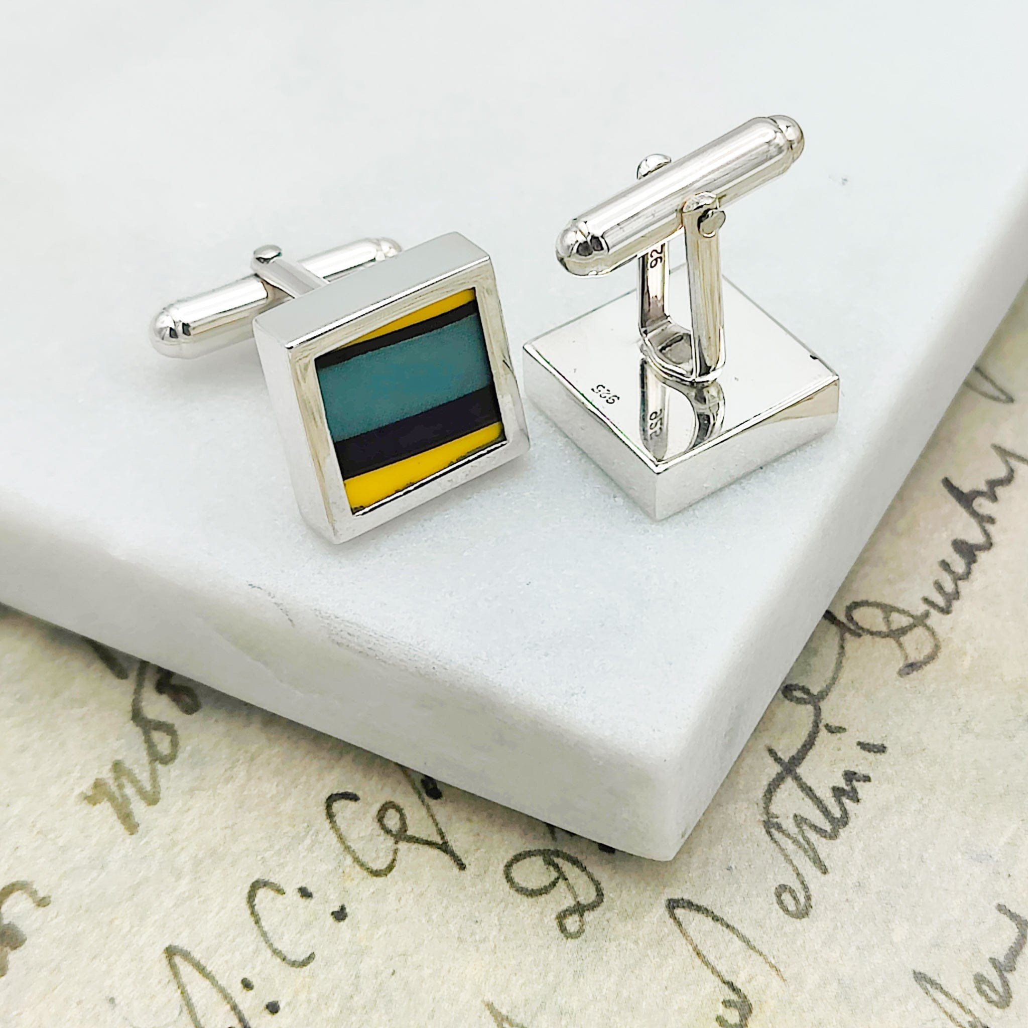 Hepburn and Hughes Art Deco Cufflinks | Clarice Cliff Pottery | 15mm Green and Yellow | Sterling Silver
