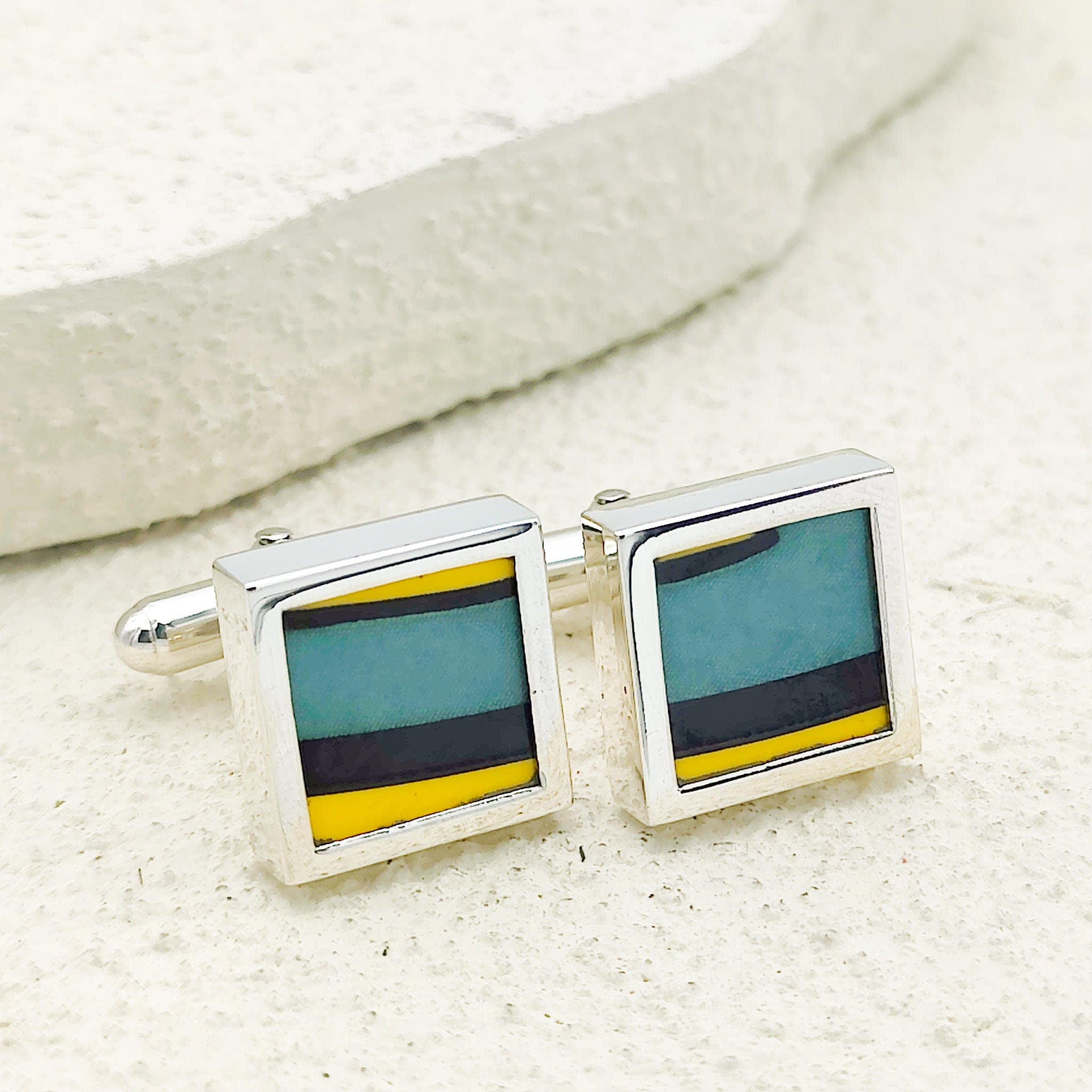 Hepburn and Hughes Art Deco Cufflinks | Clarice Cliff Pottery | 15mm Green and Yellow | Sterling Silver