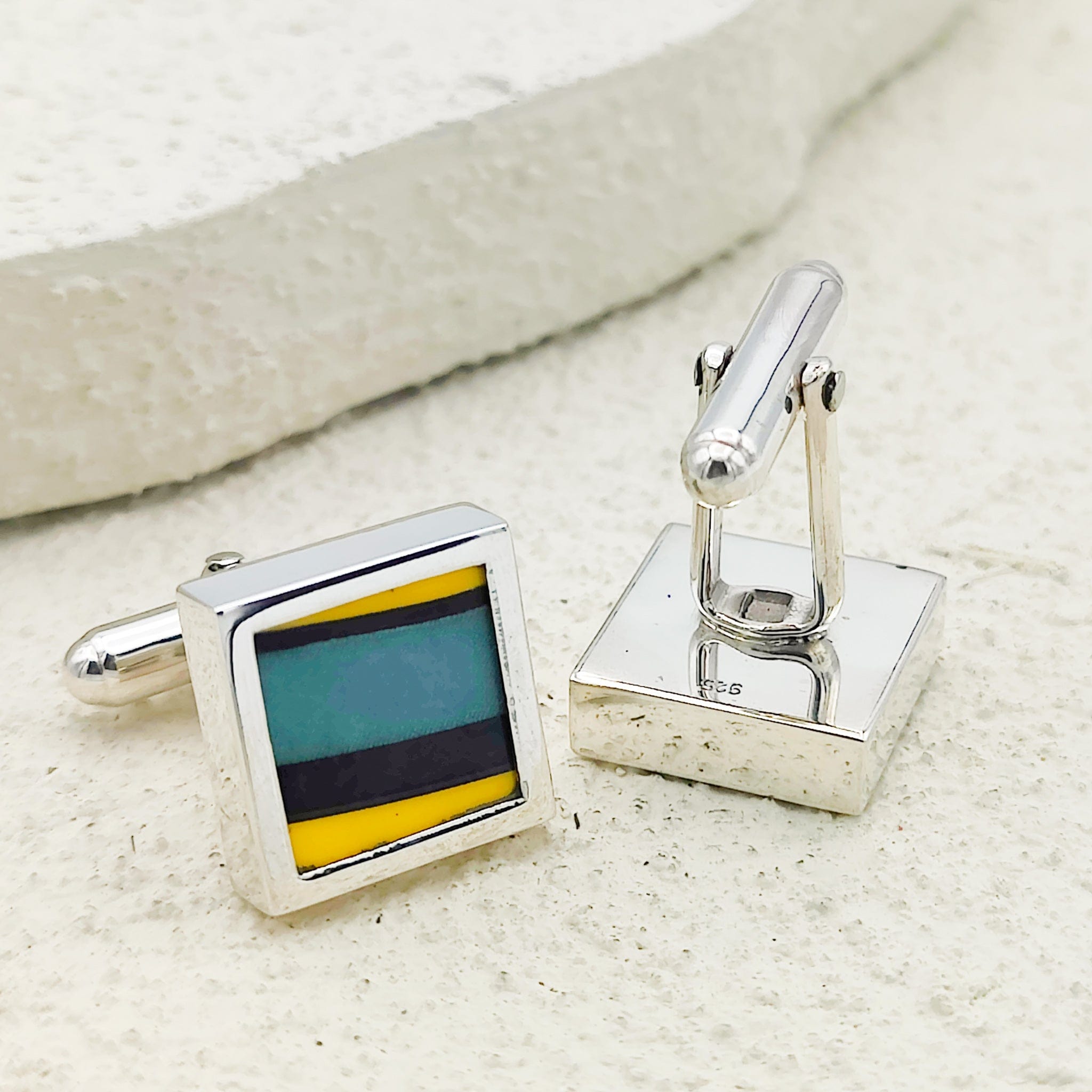 Hepburn and Hughes Art Deco Cufflinks | Clarice Cliff Pottery | 15mm Green and Yellow | Sterling Silver