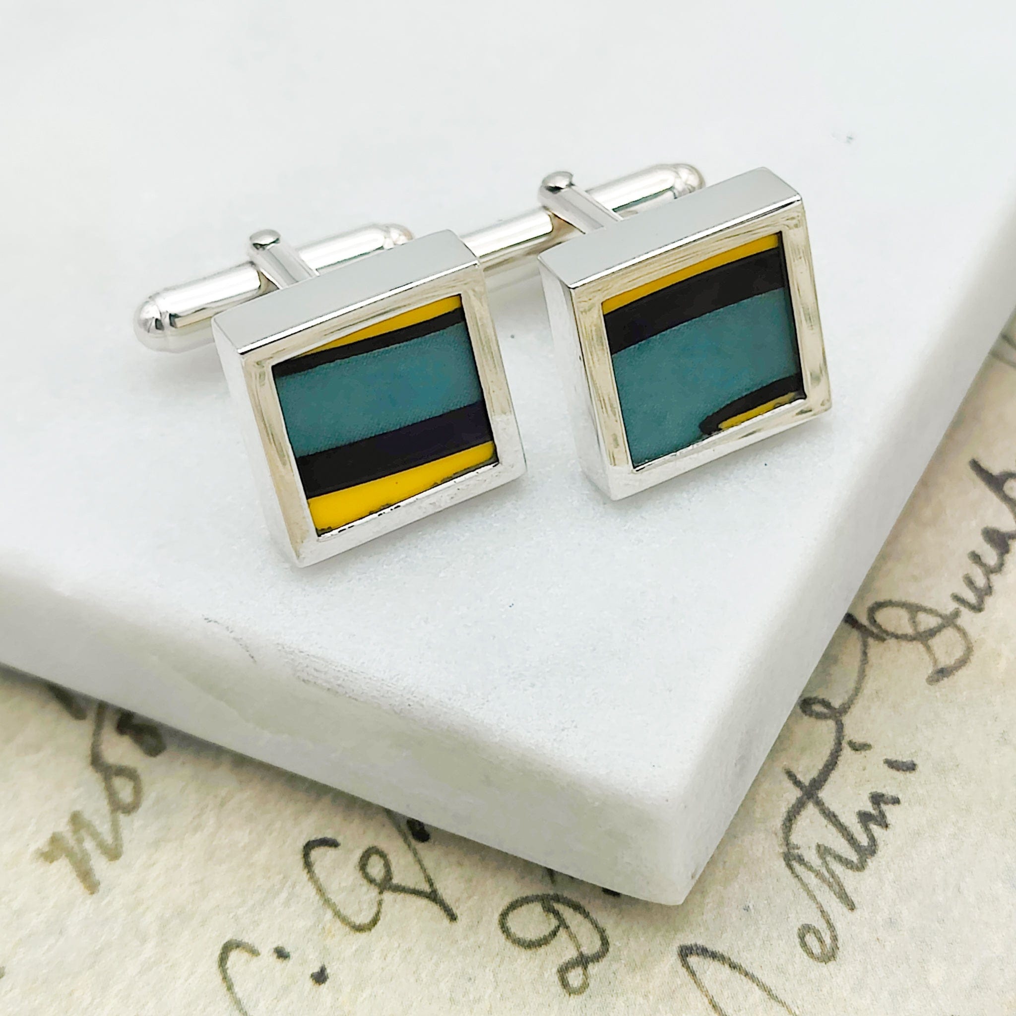 Hepburn and Hughes Art Deco Cufflinks | Clarice Cliff Pottery | 15mm Green and Yellow | Sterling Silver