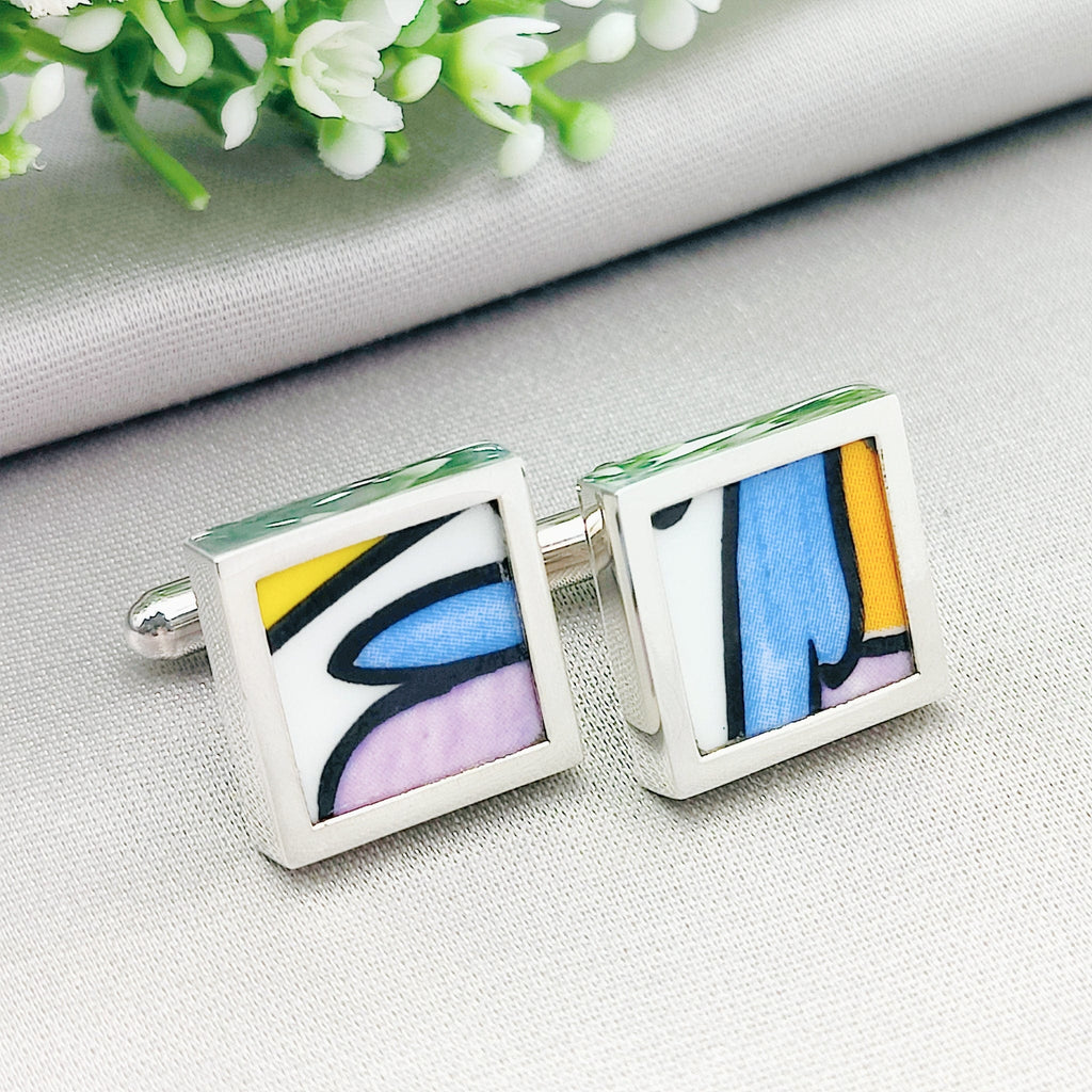 Hepburn and Hughes Art Deco cufflinks | Clarice Cliff Pottery | Purple Mix | 17mm Square | sterling silver