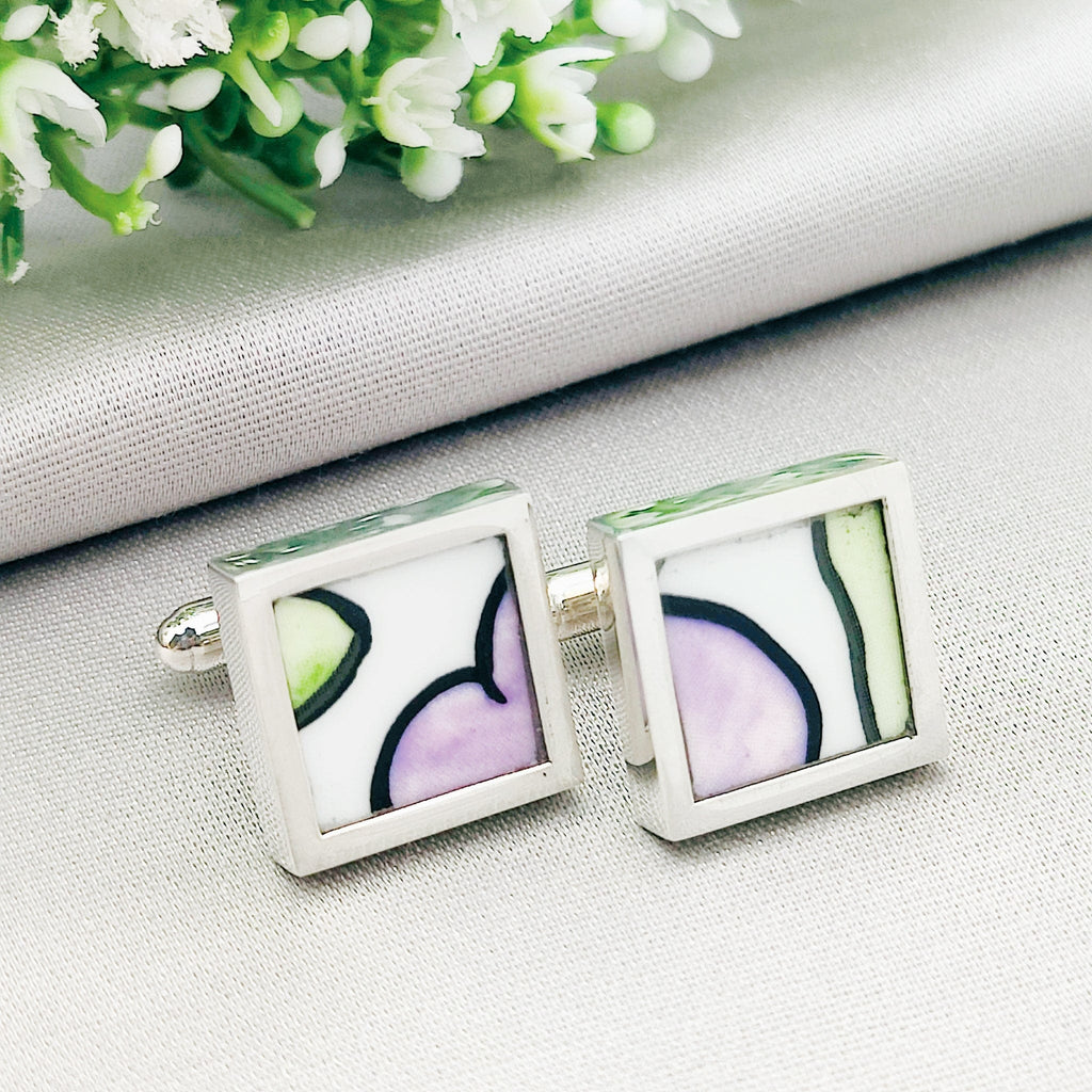 Hepburn and Hughes Art Deco cufflinks | Clarice Cliff Pottery | Purple Mix | 17mm Square | sterling silver