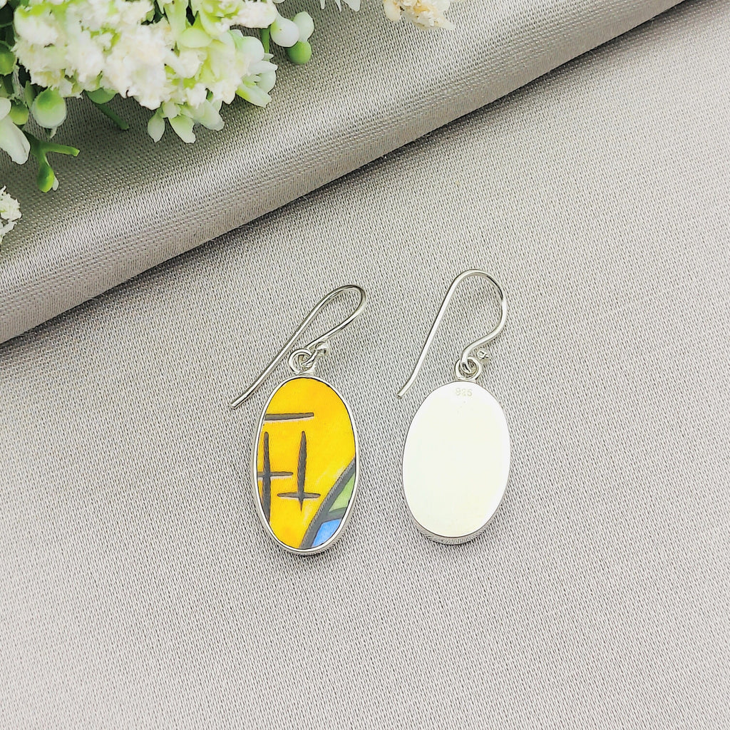 Hepburn and Hughes Art Deco Earrings | Clarice Cliff Ceramics | Blue and Yellow Stripes | Sterling Silver