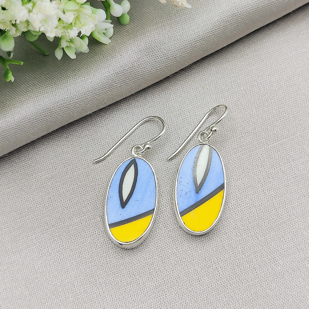 Hepburn and Hughes Art Deco Earrings | Clarice Cliff Ceramics | Blue and Yellow Stripes | Sterling Silver