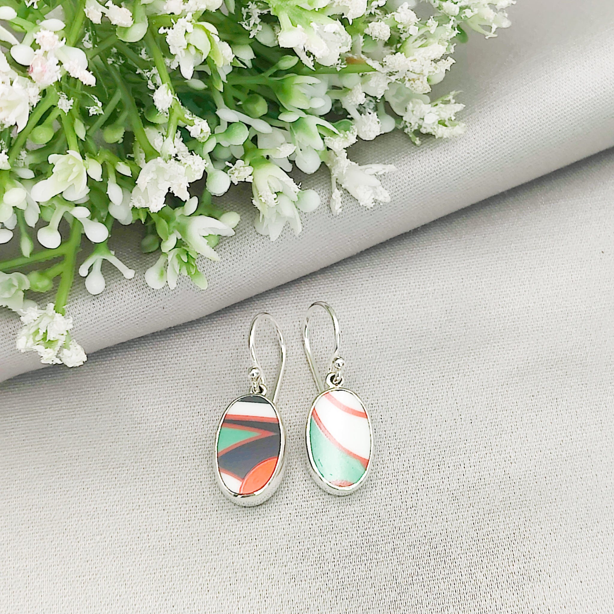 Hepburn and Hughes Art Deco Earrings | Clarice Cliff Ceramics | Green and Orange Patterns | Sterling Silver