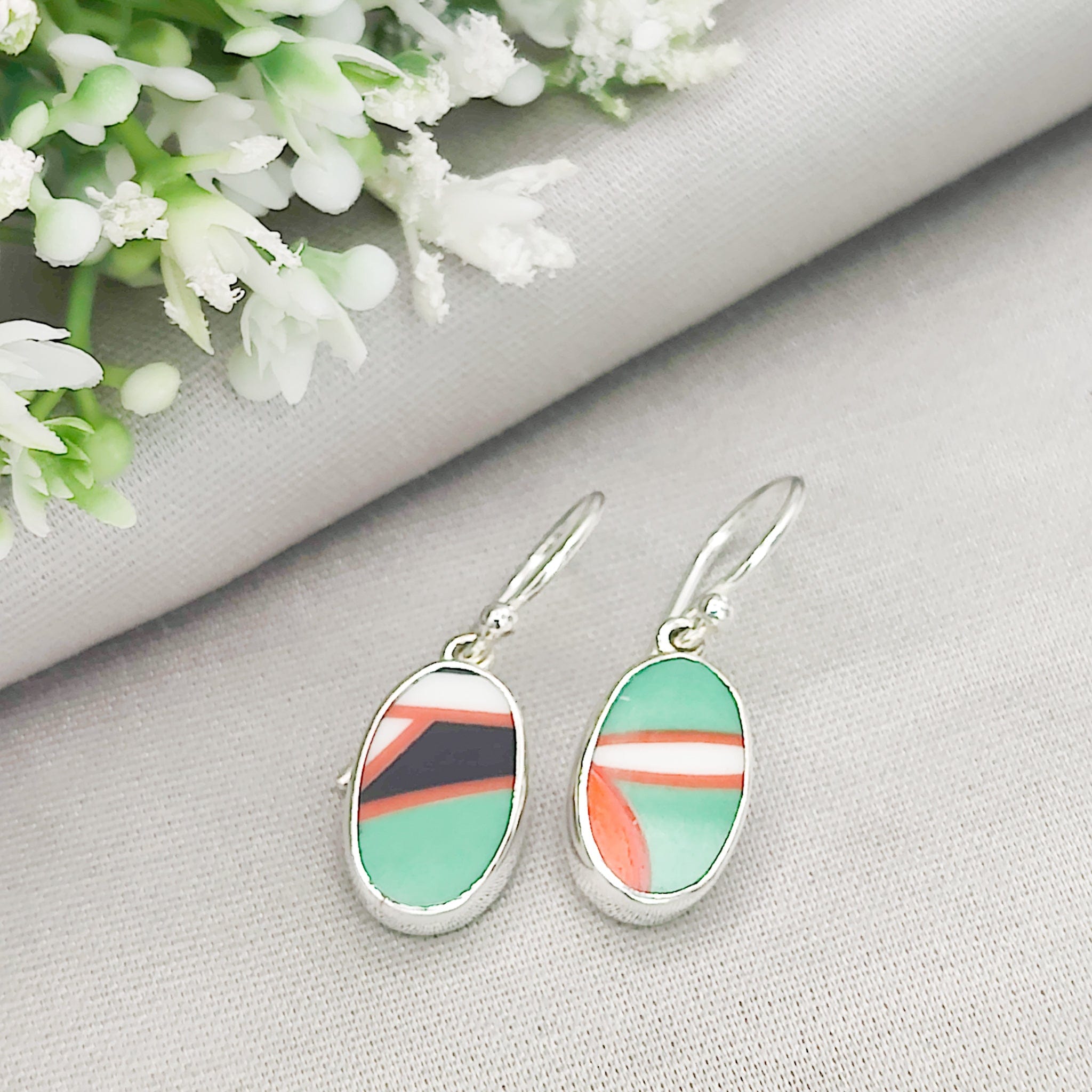 Hepburn and Hughes Art Deco Earrings | Clarice Cliff Ceramics | Green and Orange Patterns | Sterling Silver