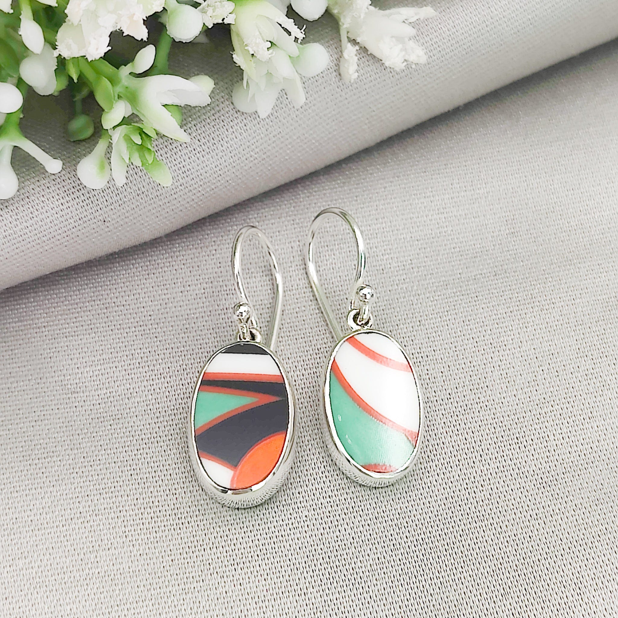 Hepburn and Hughes Art Deco Earrings | Clarice Cliff Ceramics | Green and Orange Patterns | Sterling Silver