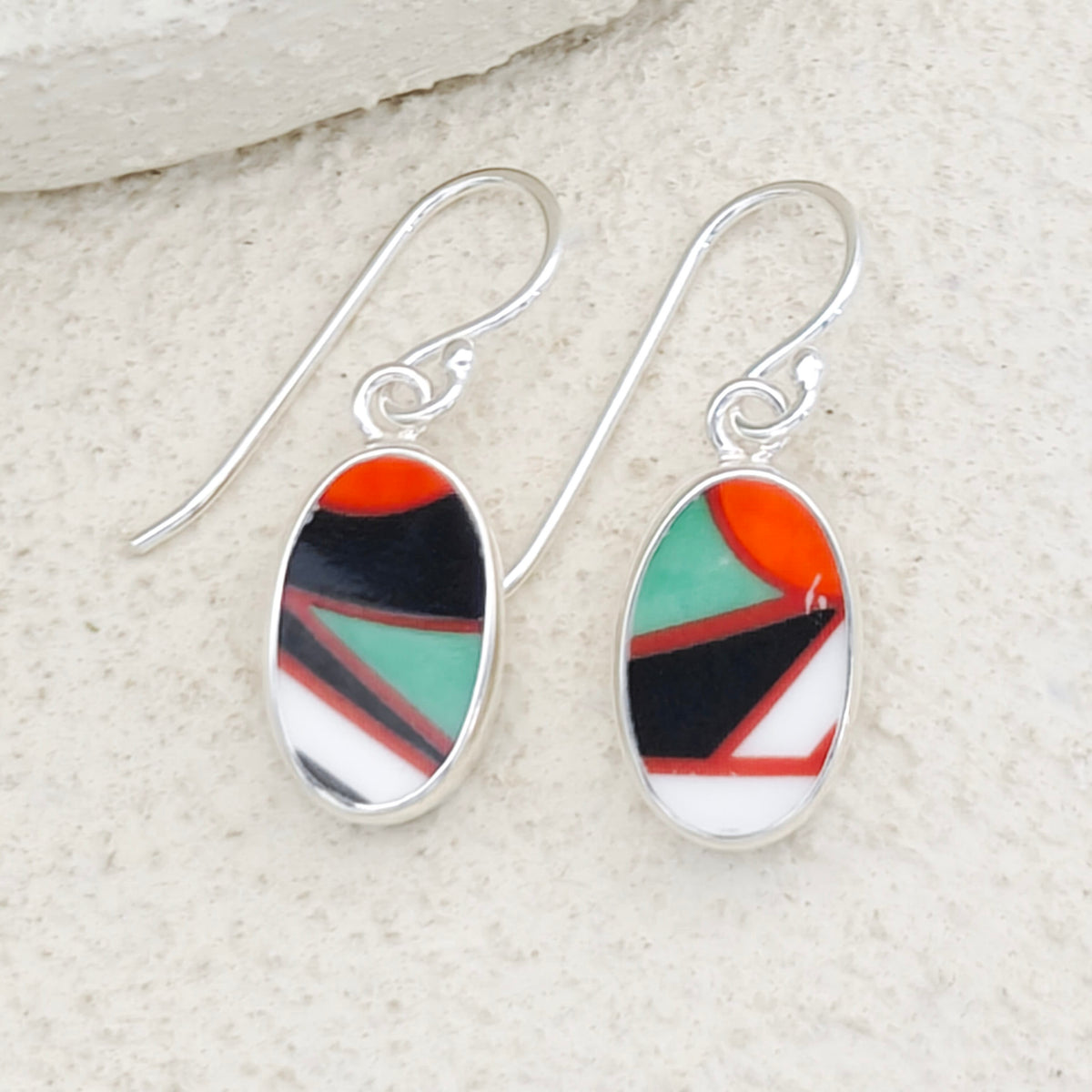 Hepburn and Hughes Art Deco Earrings | Clarice Cliff Ceramics | Green and Orange Patterns | Sterling Silver