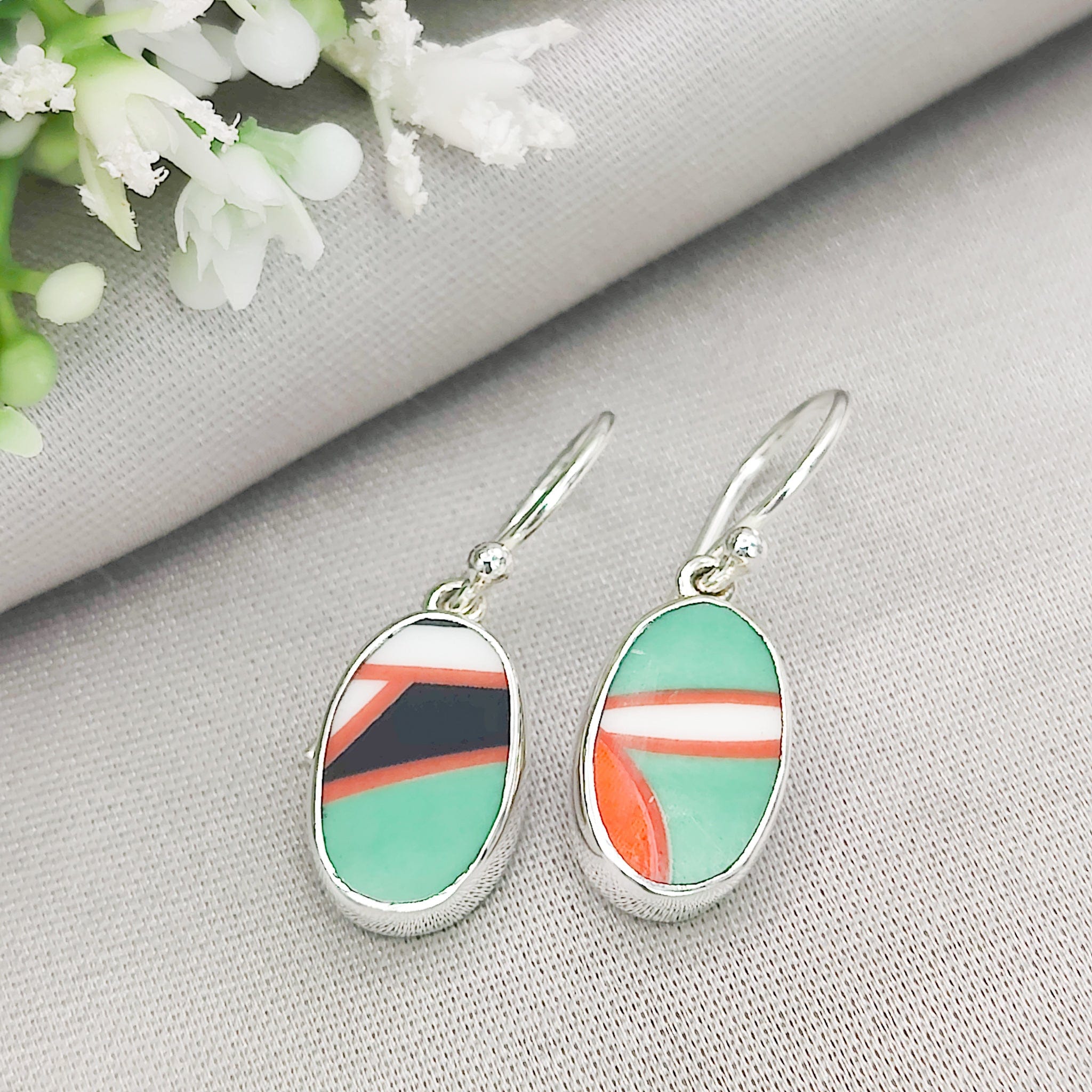 Hepburn and Hughes Art Deco Earrings | Clarice Cliff Ceramics | Green and Orange Patterns | Sterling Silver