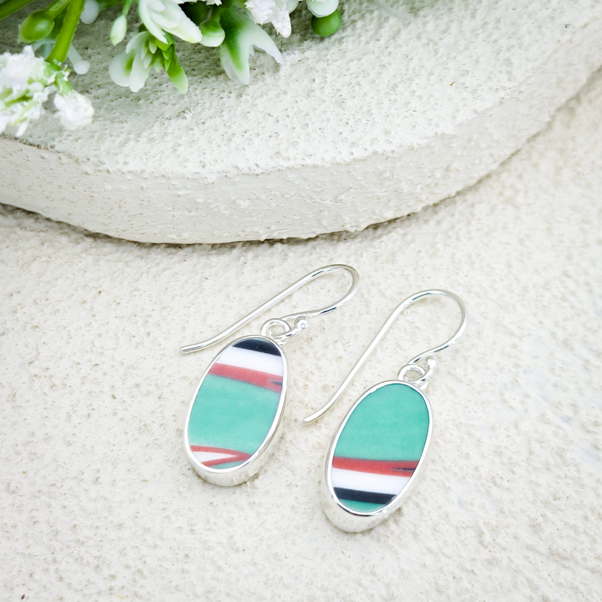 Hepburn and Hughes Art Deco Earrings | Clarice Cliff Ceramics | Green and Orange Patterns | Sterling Silver