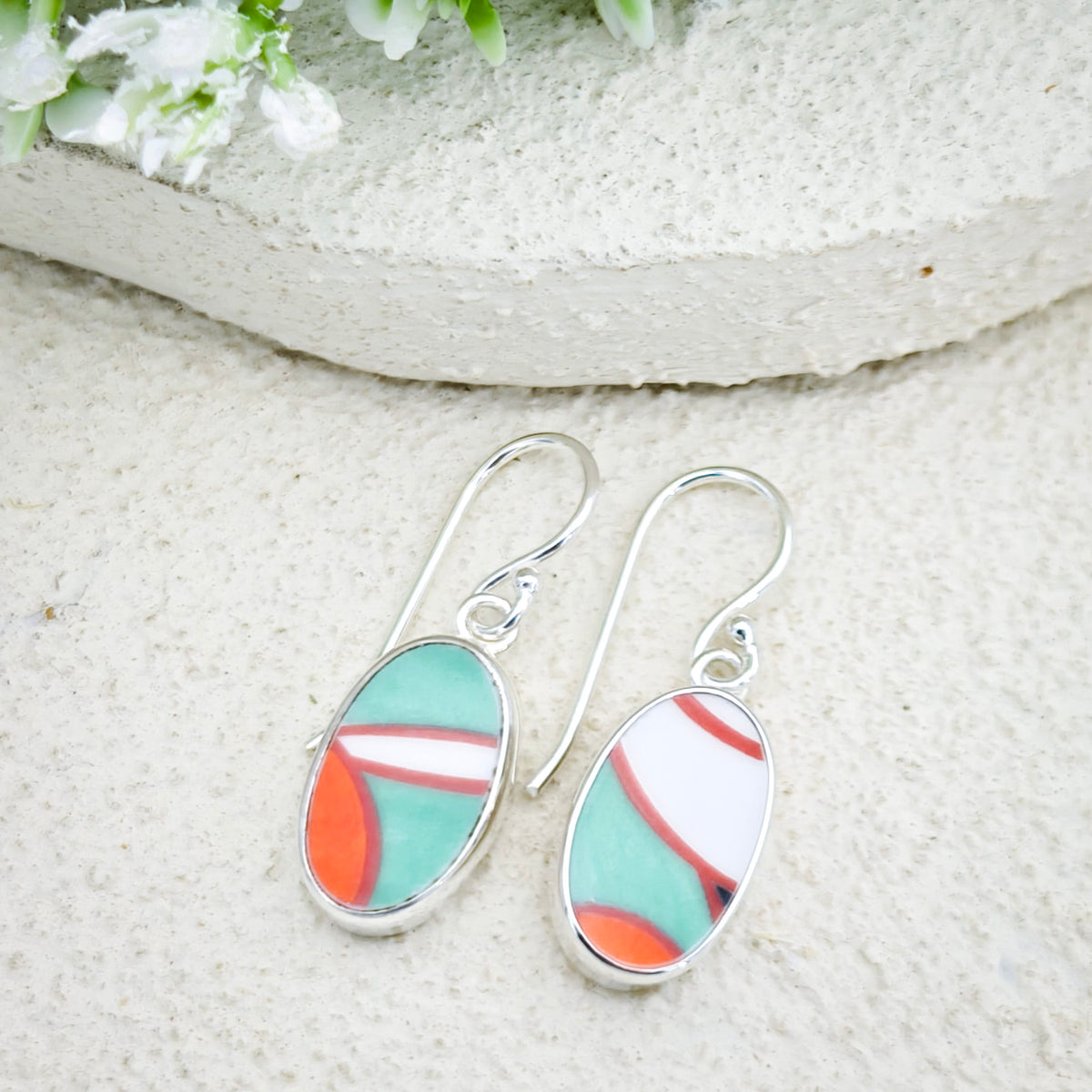 Hepburn and Hughes Art Deco Earrings | Clarice Cliff Ceramics | Green and Orange Patterns | Sterling Silver