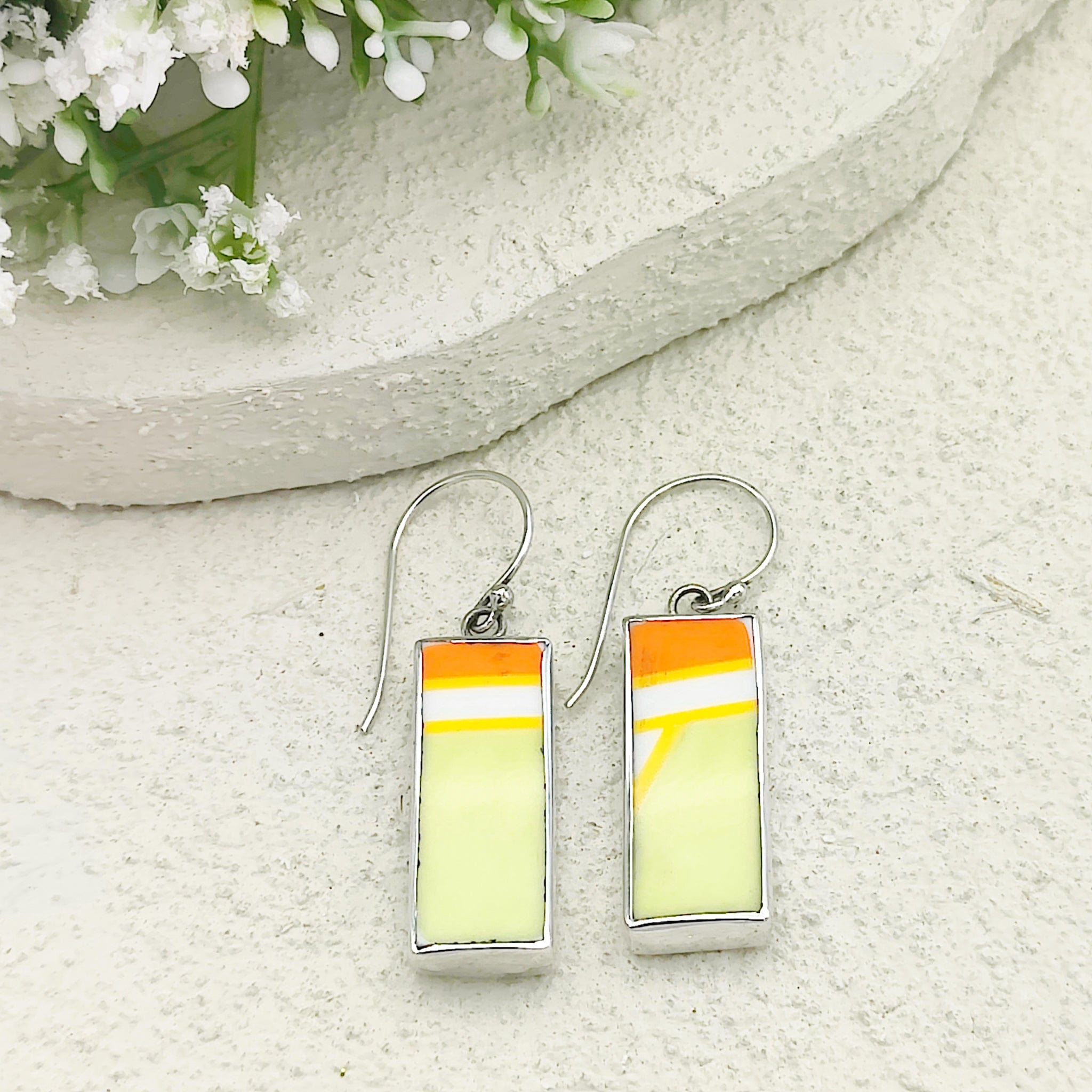 Hepburn and Hughes Art Deco Earrings | Clarice Cliff Ceramics | Orange and Pale Green | Sterling Silver
