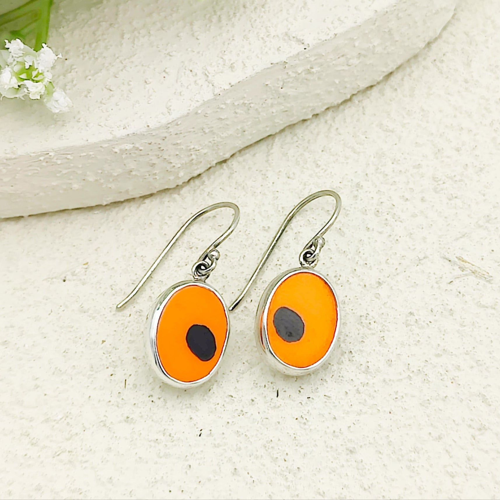Hepburn & Hughes Art Deco Earrings | Clarice Cliff Ceramics | Orange Ovals with Black Spot | Sterling Silver