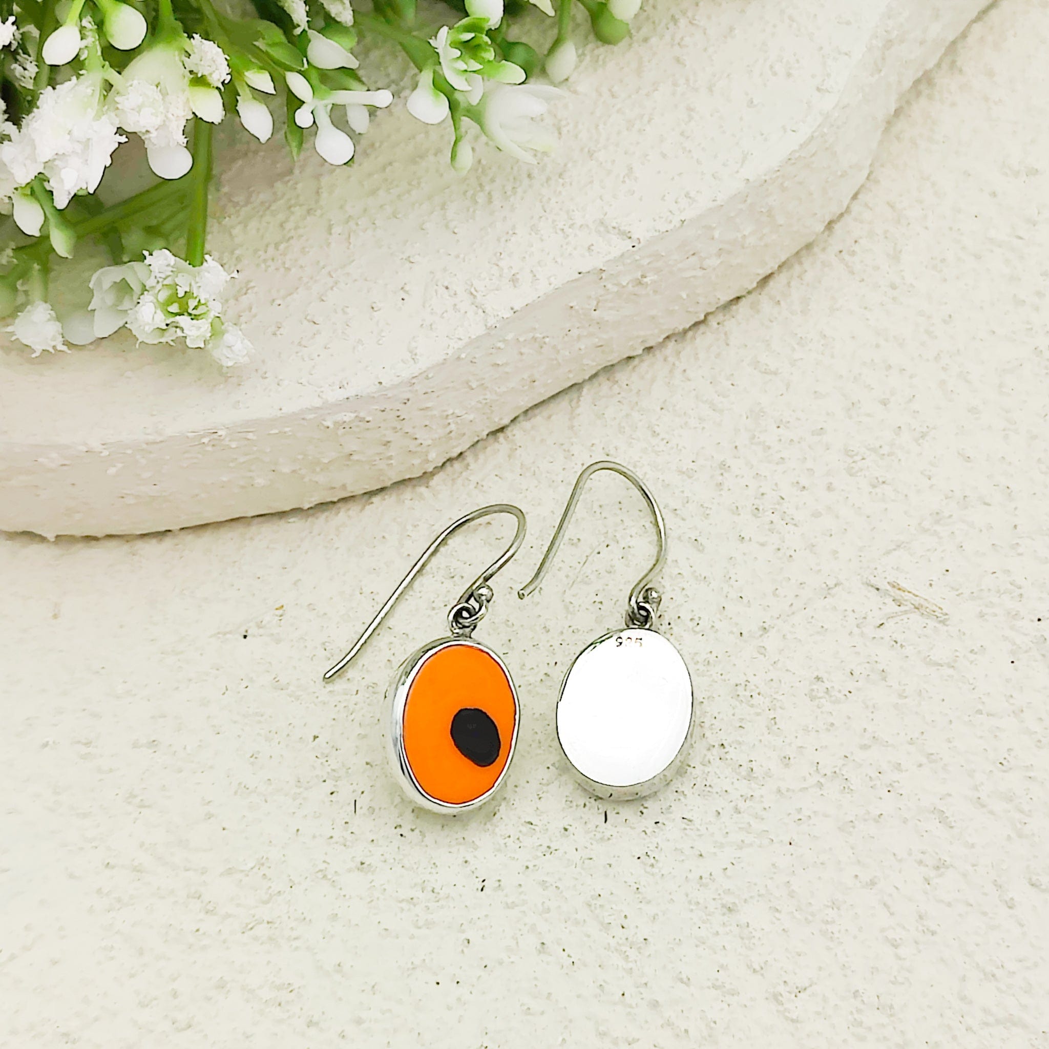 Hepburn & Hughes Art Deco Earrings | Clarice Cliff Ceramics | Orange Ovals with Black Spot | Sterling Silver