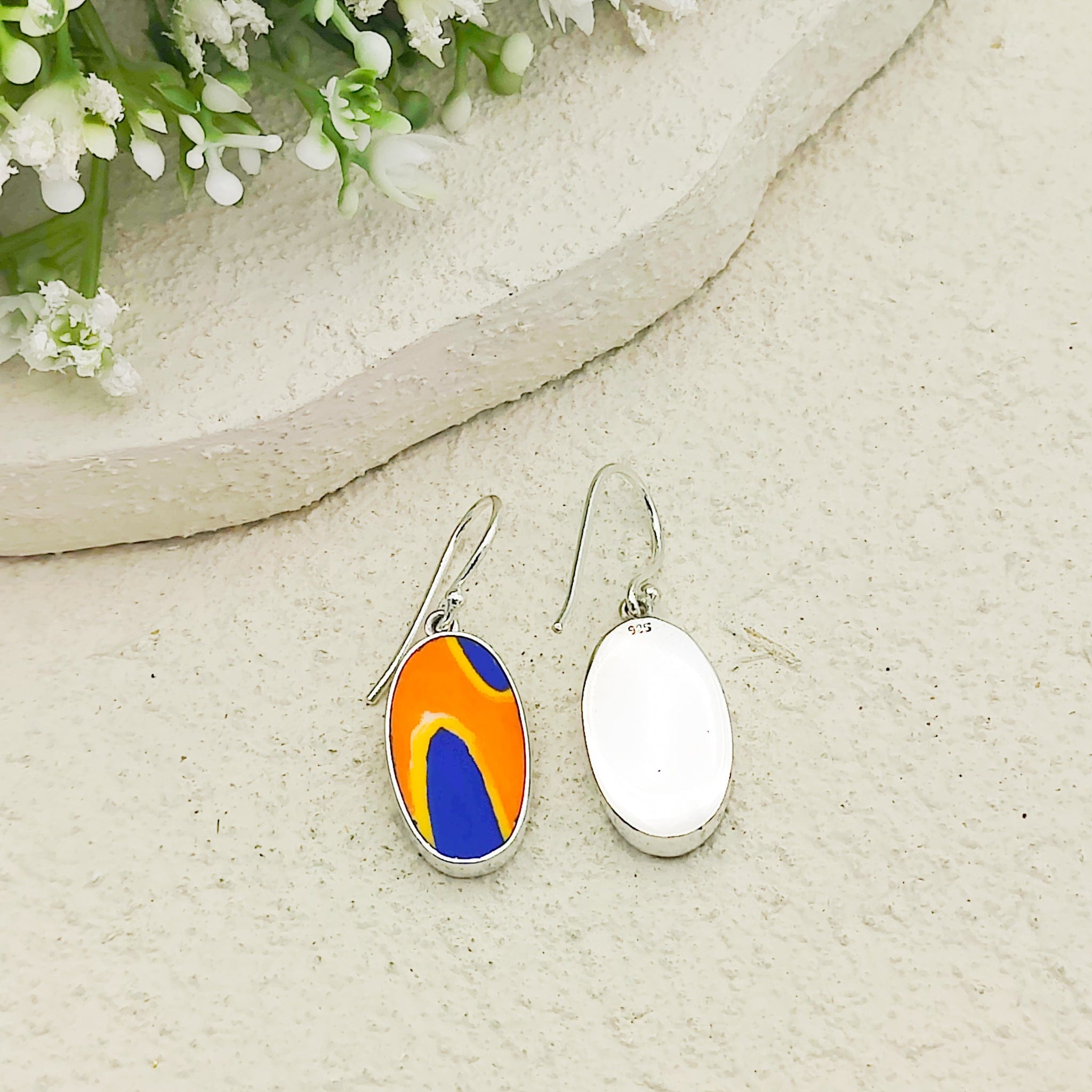 Hepburn and Hughes Art Deco Earrings | Clarice Cliff Ceramics | Oval Orange and Blue | Sterling Silver