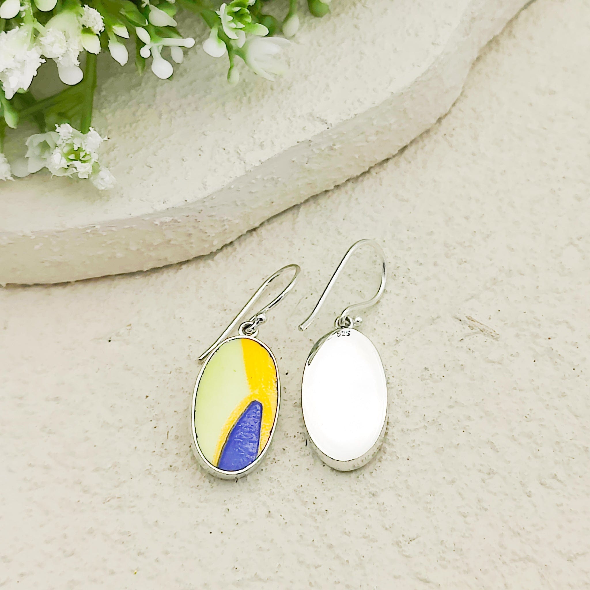 Hepburn and Hughes Art Deco Earrings | Clarice Cliff Ceramics | Oval Orange and Blue | Sterling Silver