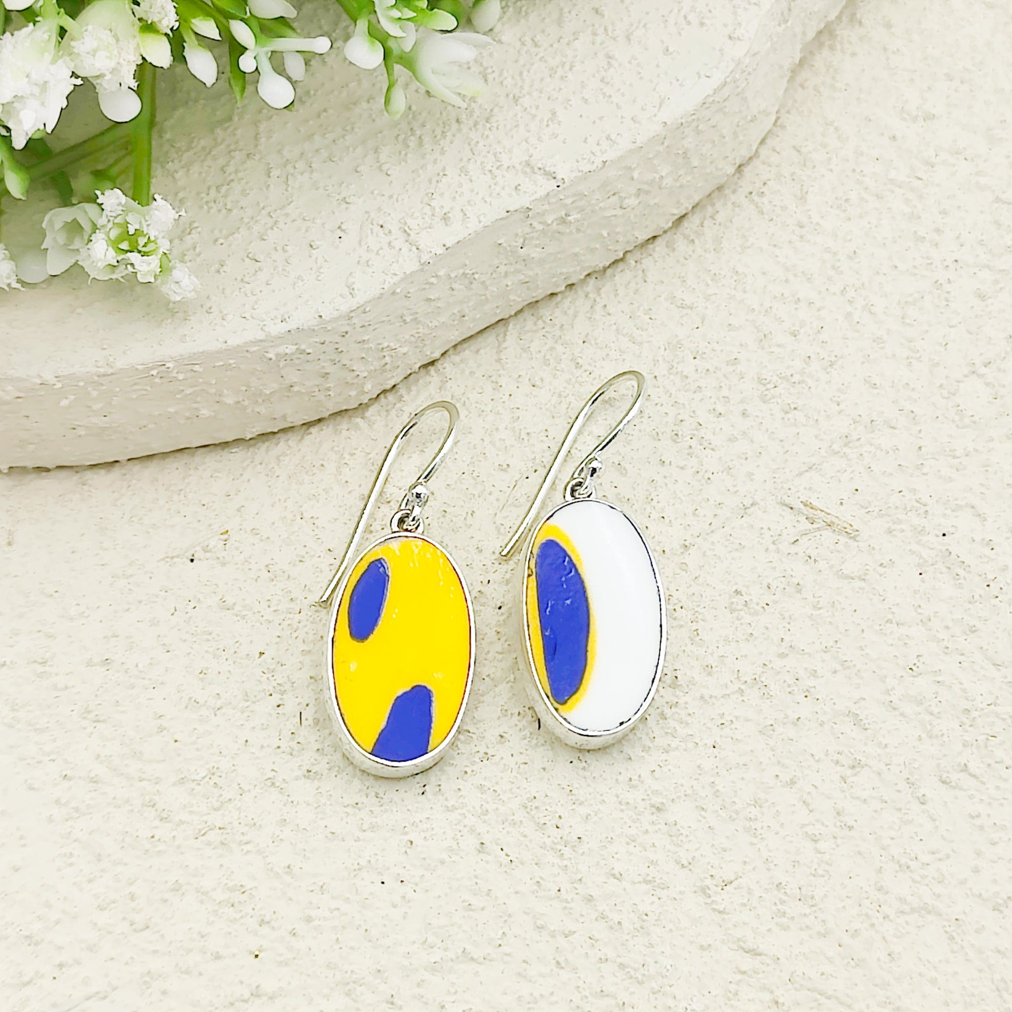 Hepburn and Hughes Art Deco Earrings | Clarice Cliff Ceramics | Oval Orange and Blue | Sterling Silver